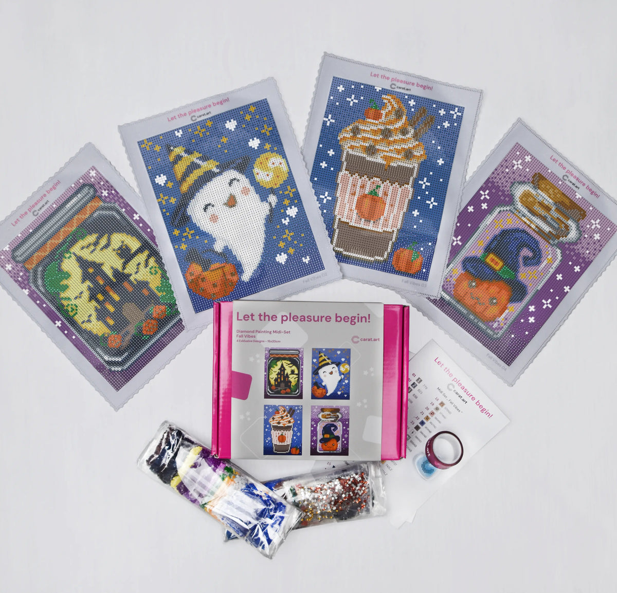 Diamond Painting Set mit 4 Leinwänden mit herbstlichen Themen rund um Halloween, Kürbissen und niedlichem Geisterspuk