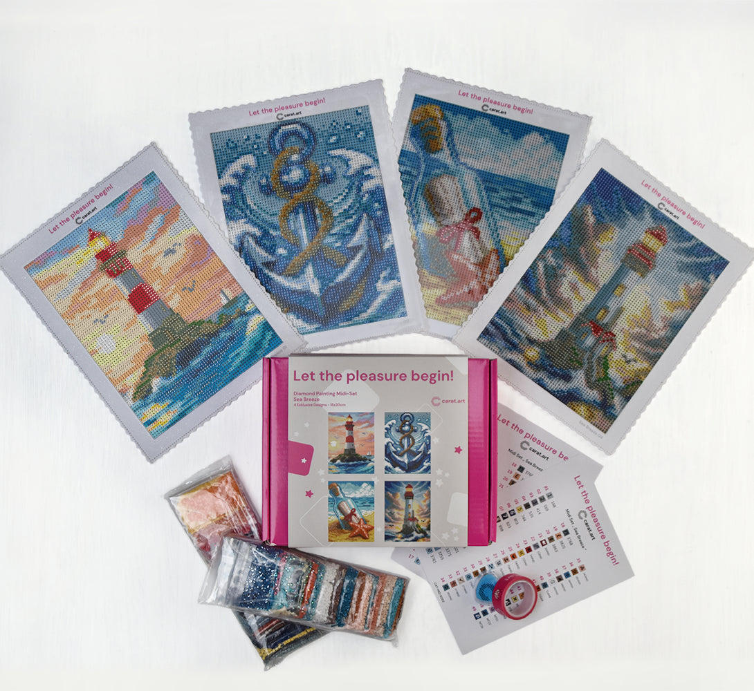 Diamond Painting Set mit 4 kleinen Leinwänden mit Leuchtturm Motiven, Harzsteinen und ciratart.com Design Box