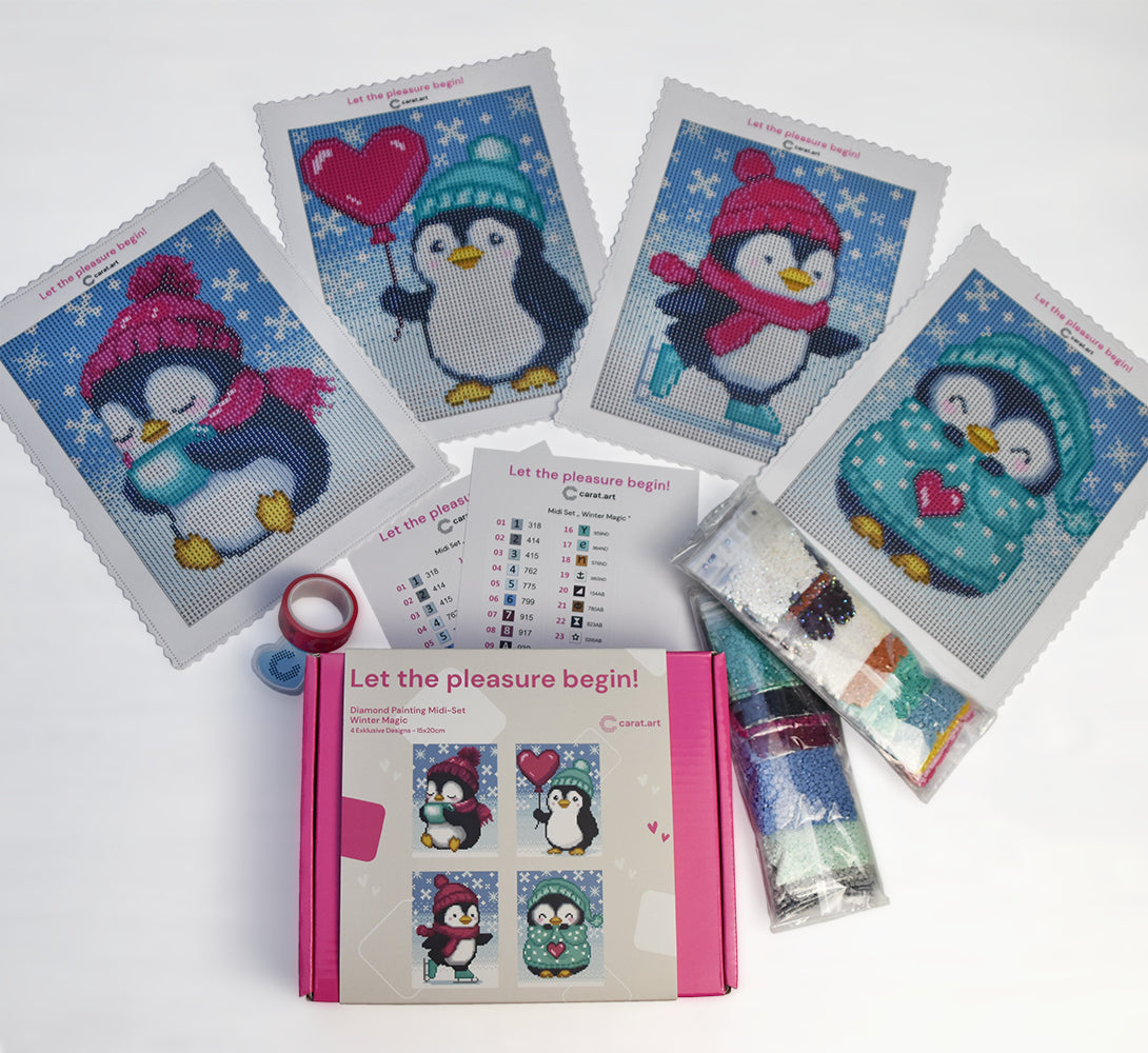 Diamond Painting Midi Set Winter Magic mit vier winterlichen Pinguin-Motiven, Box, funkelnden Steinen und komplettem Setinhalt