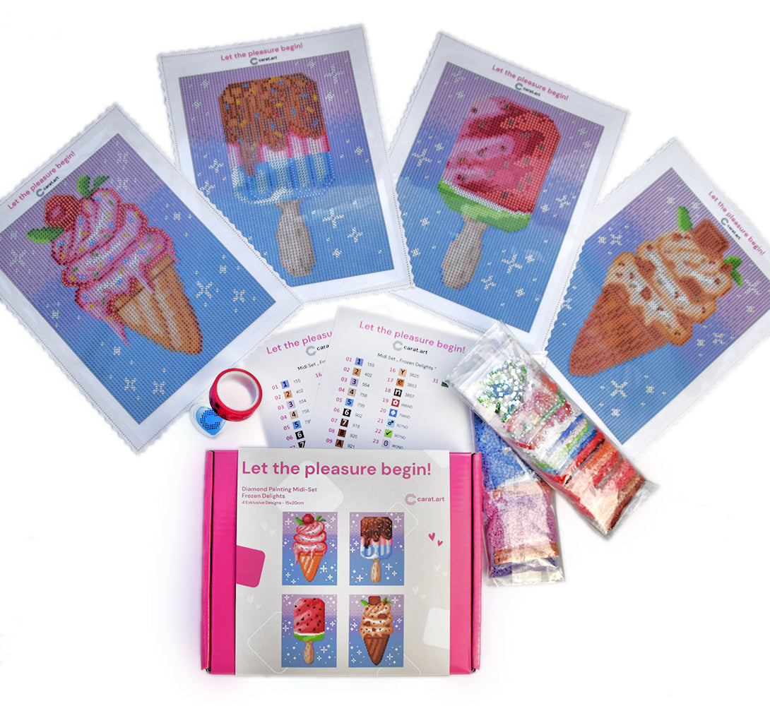 Diamond Painting Midi Set Frozen Delights mit vier verschiedenen Motiven von Eis am Stiel und Eis in der Waffel, Box, funkelnden Steinen und komplettem Setinhalt