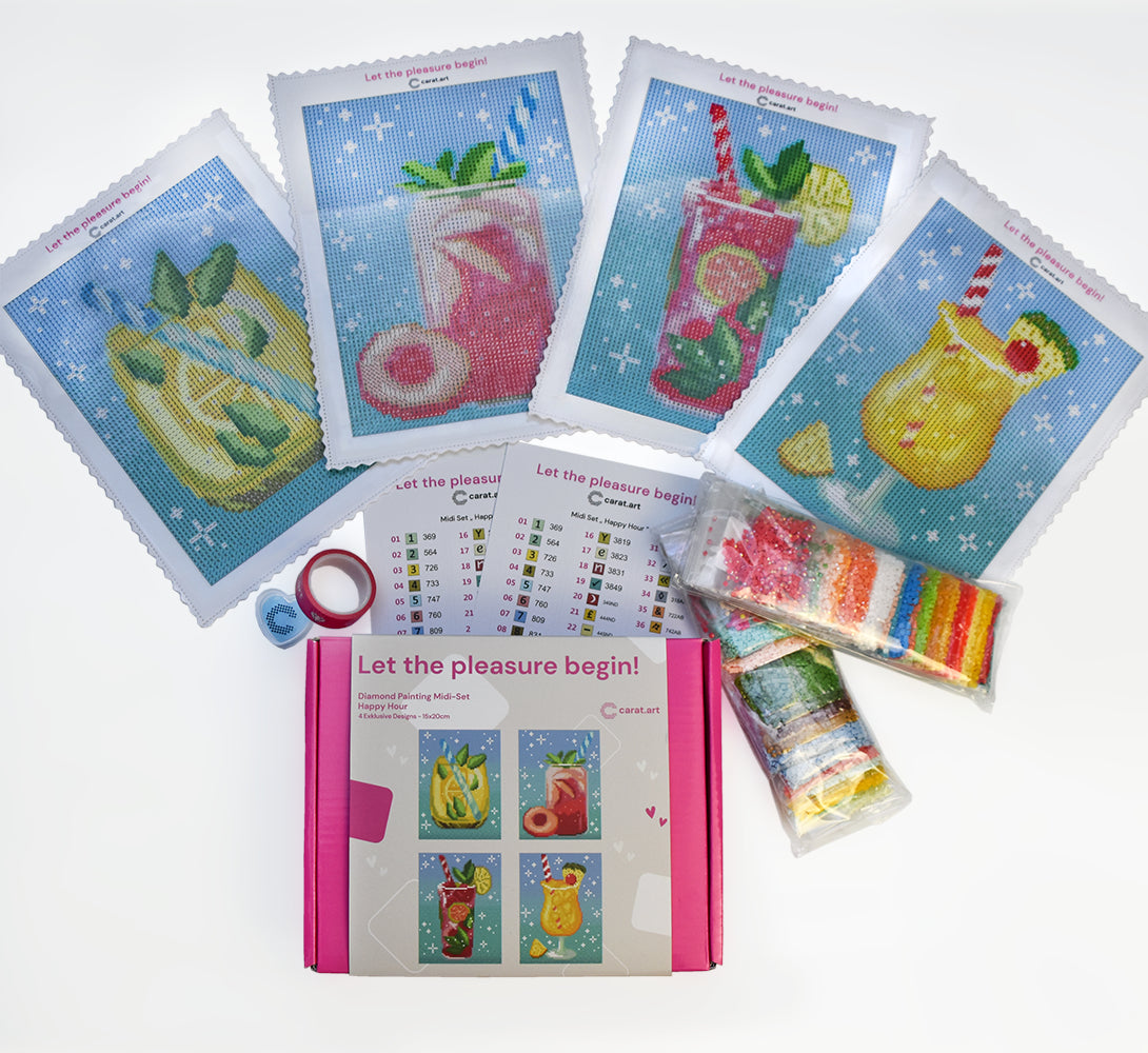 Diamond Painting Midi Set Happy Hour mit vier verschiedenen Motiven von erfrischenden Cocktails, Longdrinks und Mixgetränken, Box, funkelnden Steinen und komplettem Setinhalt