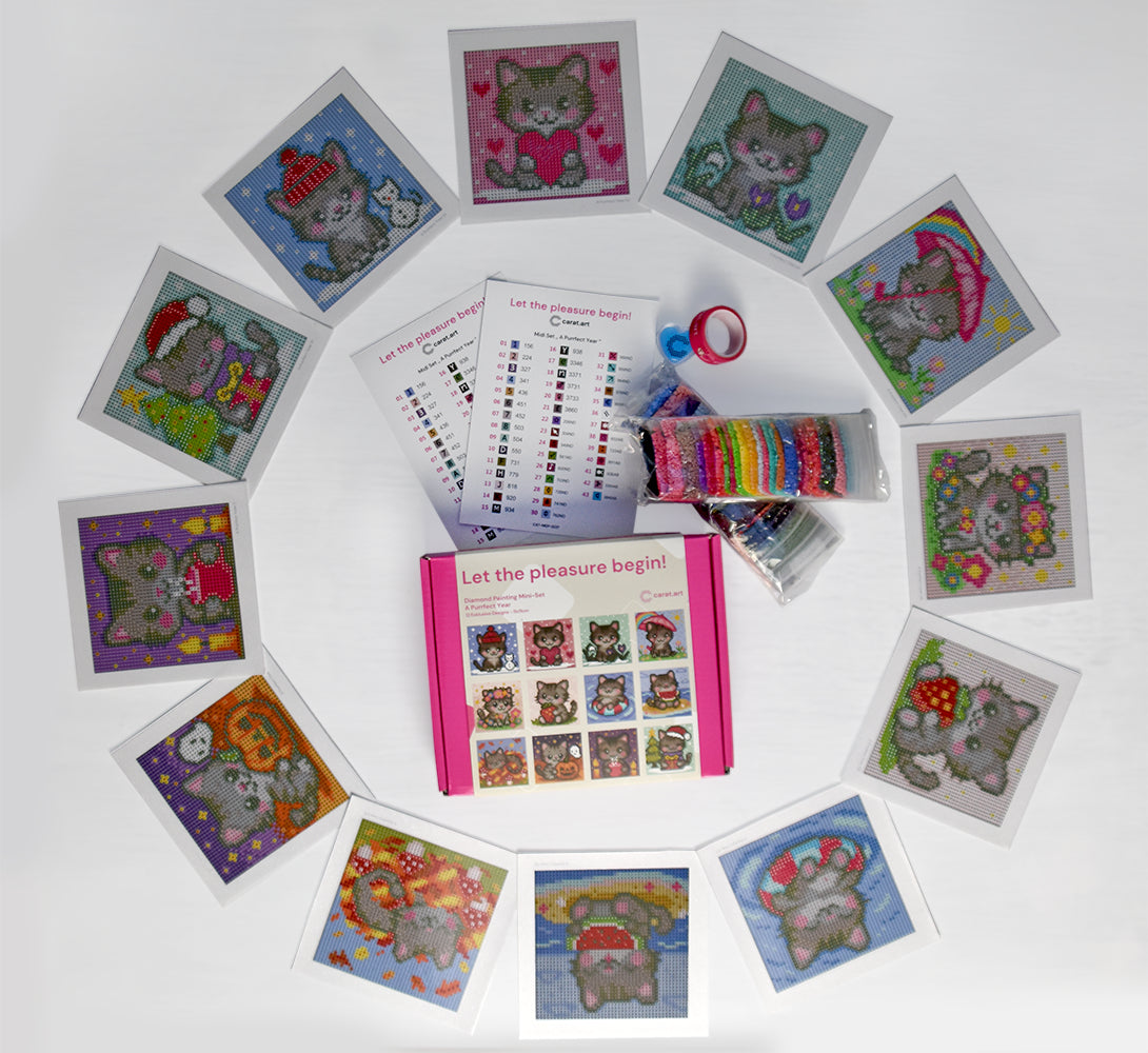 Diamond Painting Mini Set mit 12 Katzenmotiven und saisonalen Designs