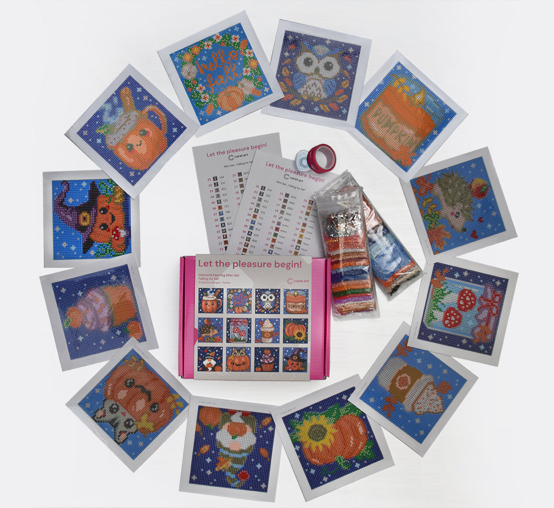 Diamond Painting Mini Set mit 12 Herbstmotiven und warmen Farben