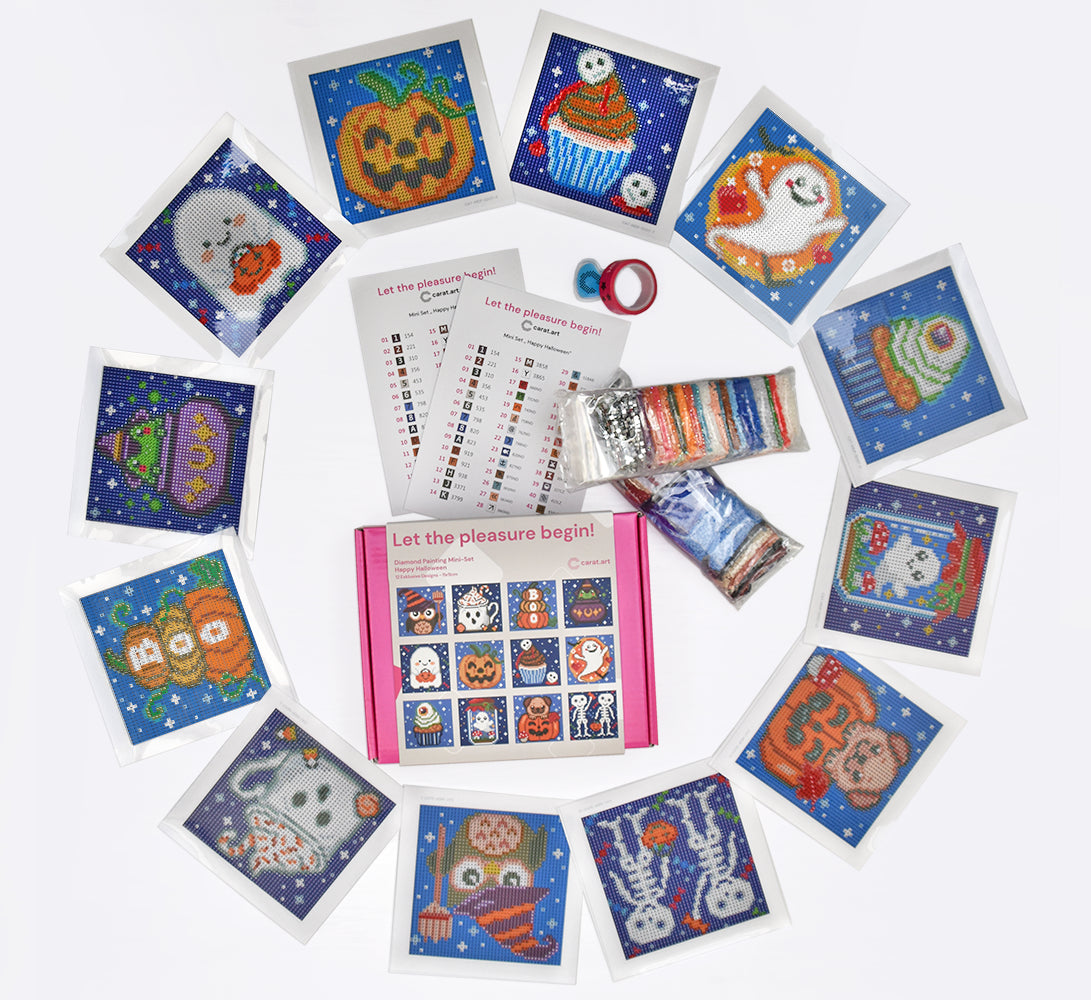 Diamond Painting Mini Set mit 12 kleinen Halloween Motiven und niedlichen Grusel Details