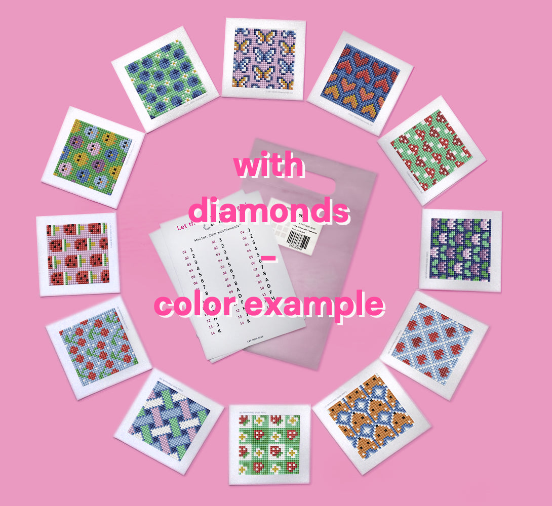 Diamond Painting Mini Set von ciratart.com mit 12 kleinen Leinwänden mit schwarz-weiß-Druck für übriggebliebene Reststeine beispielhaft mit farbigen Steinen dargestellt