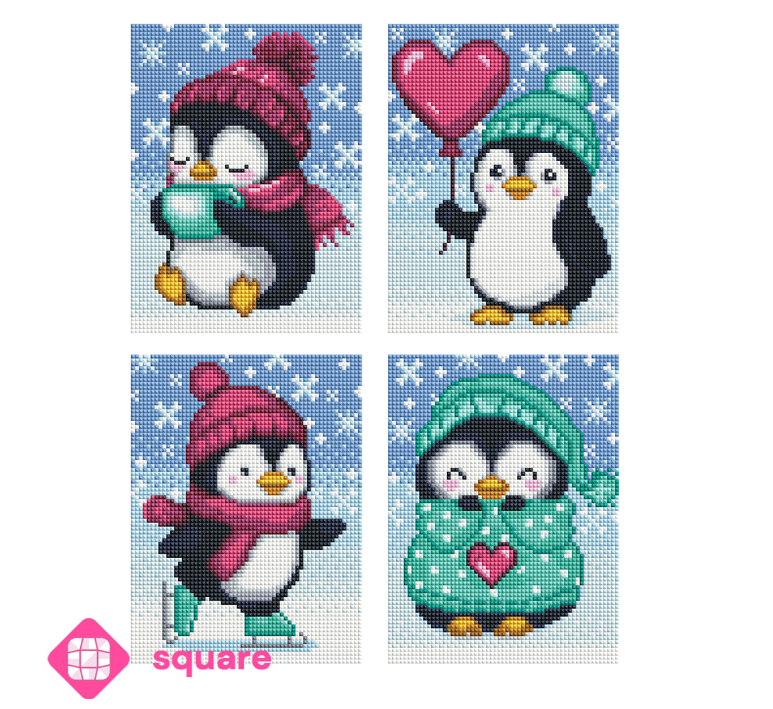 Vorschau der vier verschiedenen winterlichen Pinguin-Motive des Diamond Painting Midi Sets Winter Magic