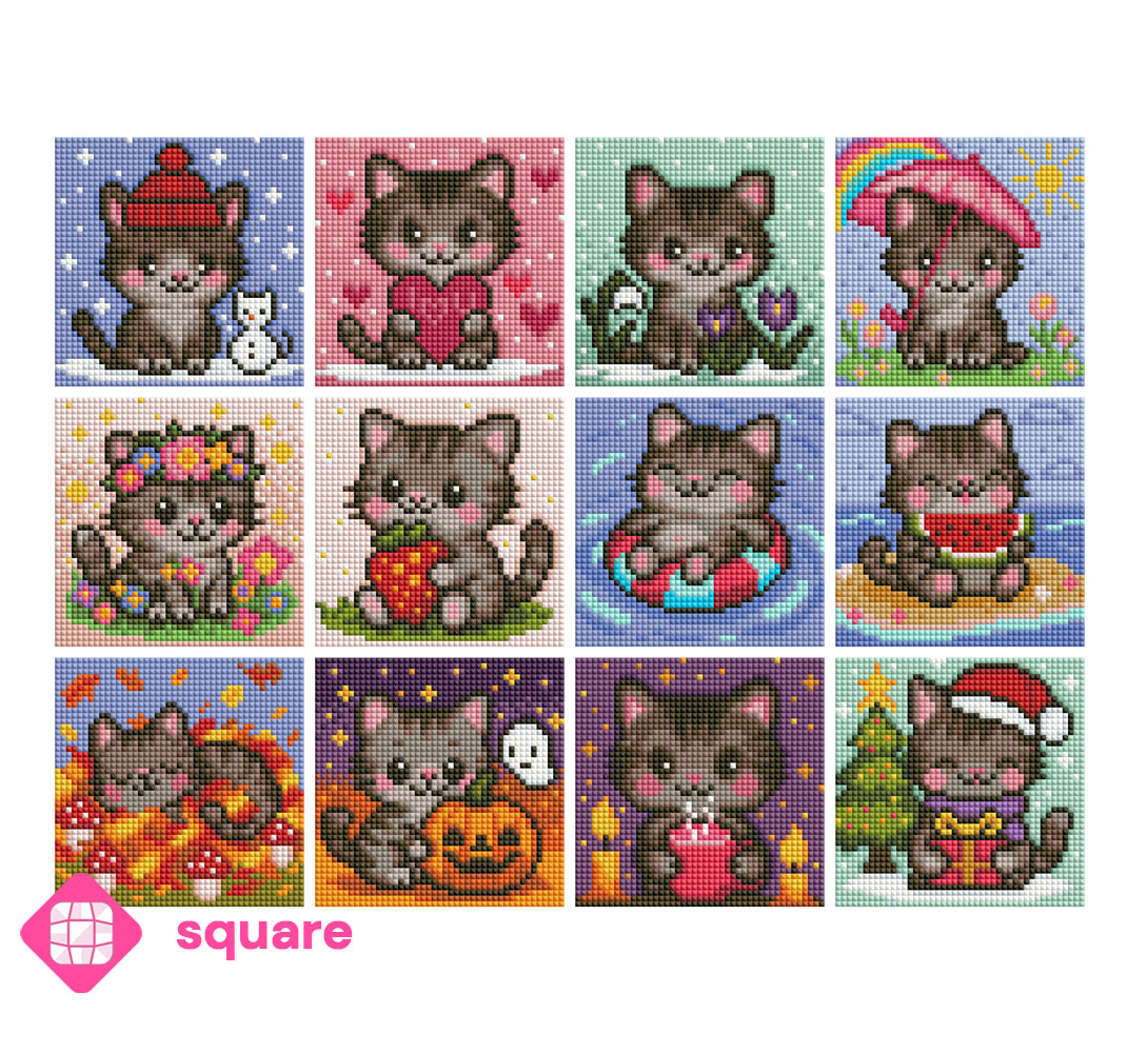 Diamond Painting Vorschau mit verschiedenen Katzen Motiven im Mini Format