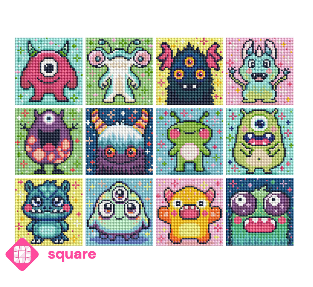 Diamond Painting Vorschau mit verschiedenen süßen Monster Motiven im Mini Format