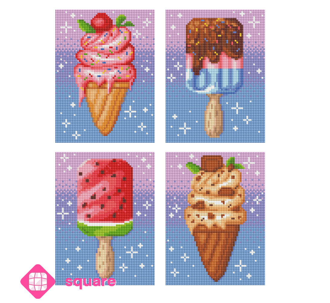 Vorschau der vier verschiedenen Eis-am-Stiel- und Waffeleis-Motive des Diamond Painting Midi Sets Frozen Delights
