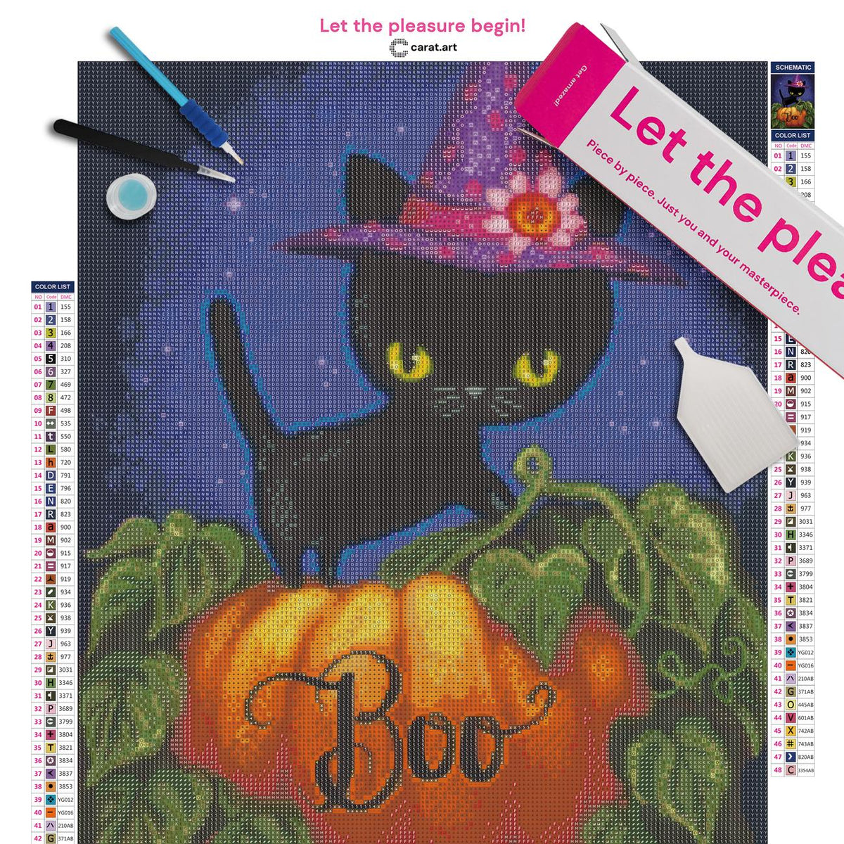 Diamond Painting Set mit Halloween Katzen Motiv, Leinwand, ciratart.com Karton und Zubehör