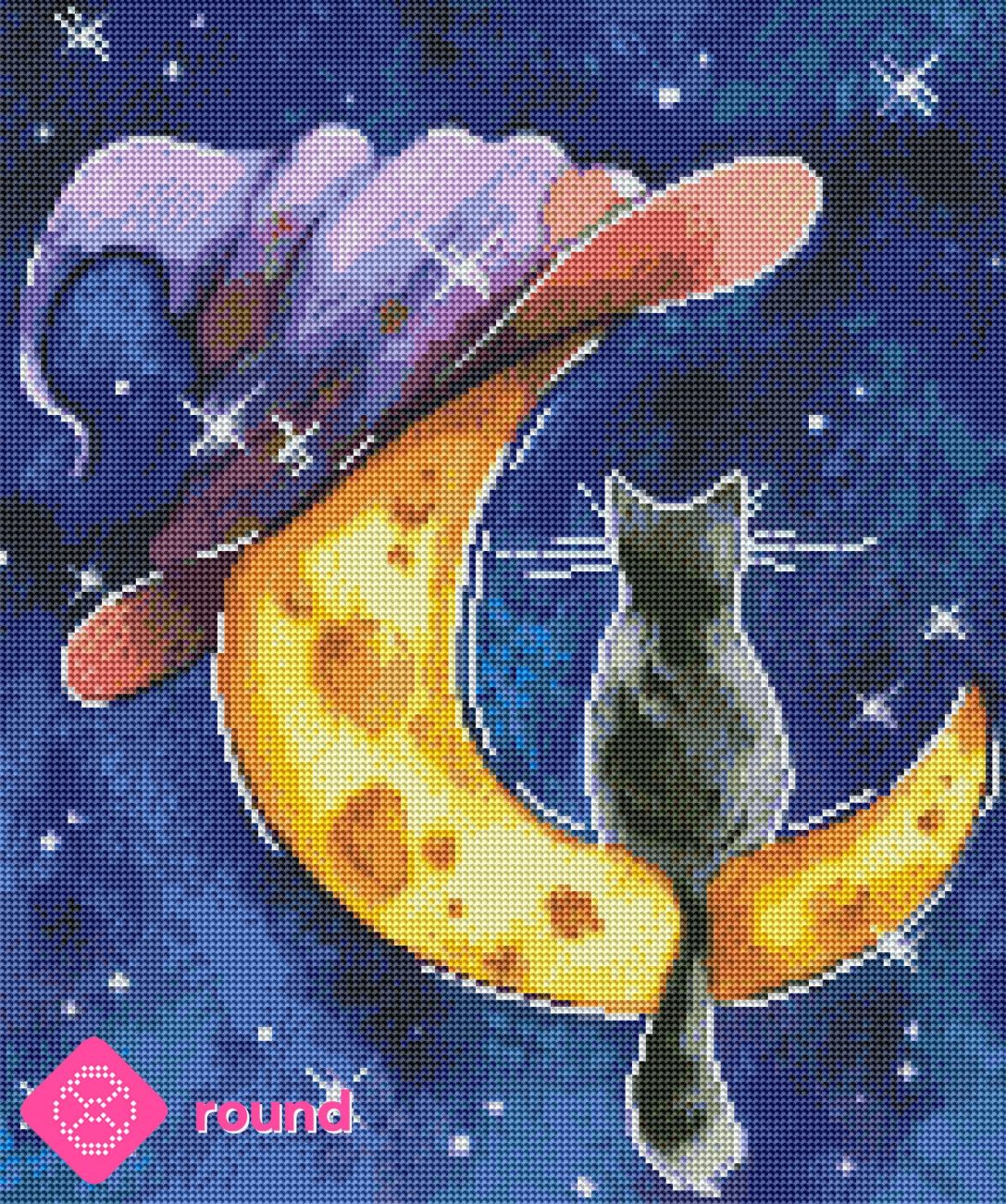 Diamond Painting Vorschau mit Katze und Mond Motiv in funkelnder Steinoptik in rund
