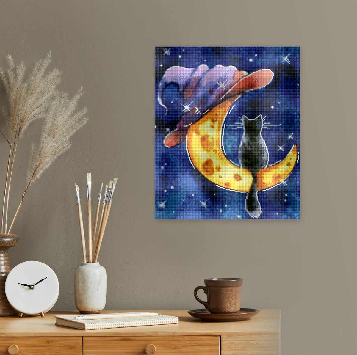 Diamond Painting Katze mit Mondmotiv als dekoratives Wandbild