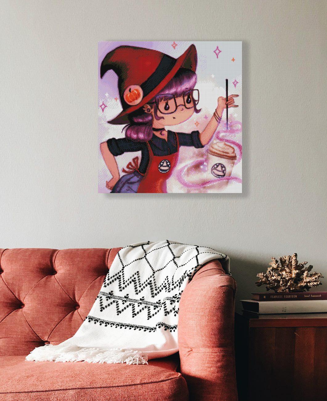 Kreatives Diamond Painting mit Kaffee Hexe und herbstlicher Zauberei als zauberhafte Fantasy Dekoration