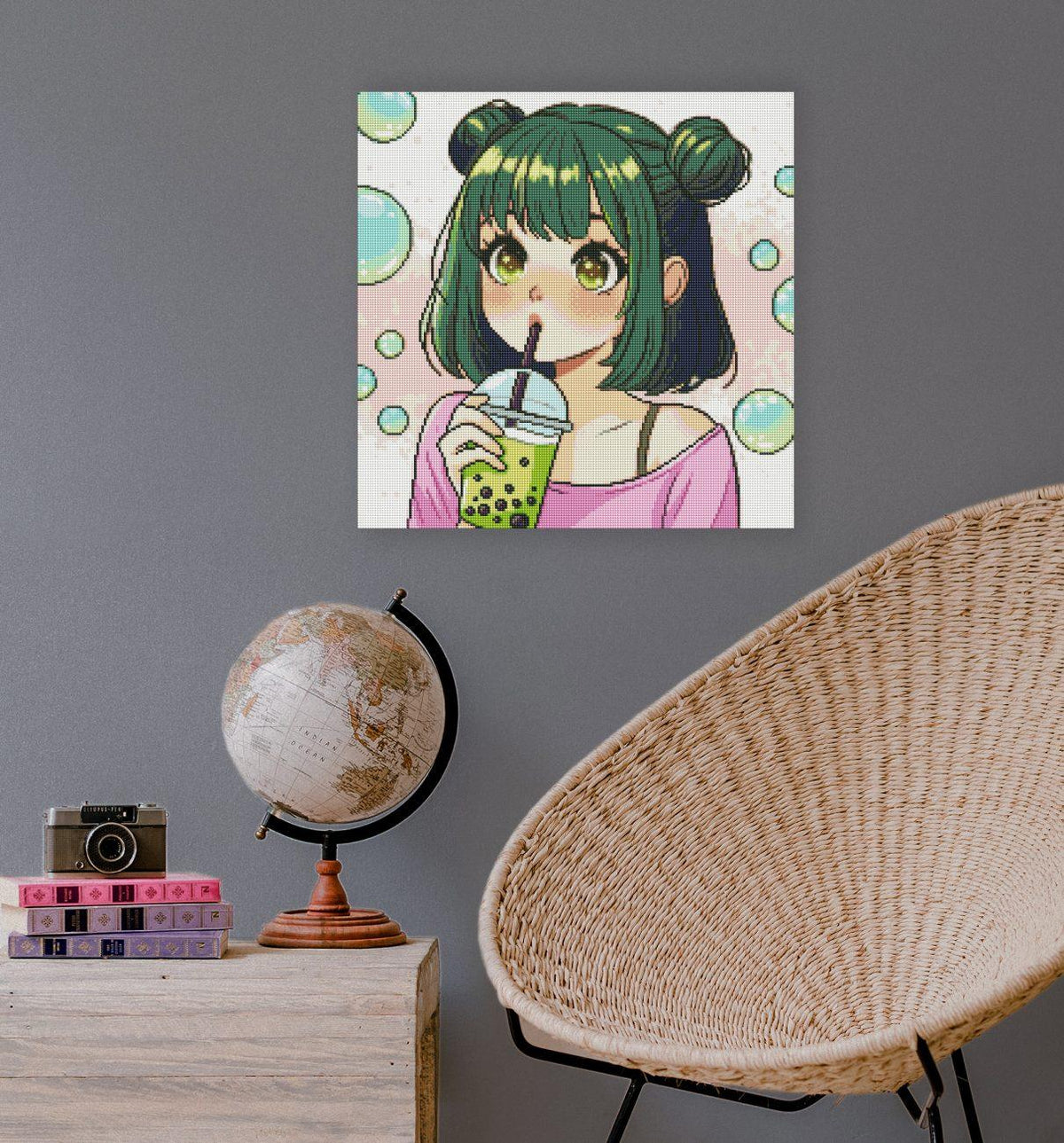 Diamond Painting Mädchen mit Bubble Tea als kreative und verspielte Wanddekoration