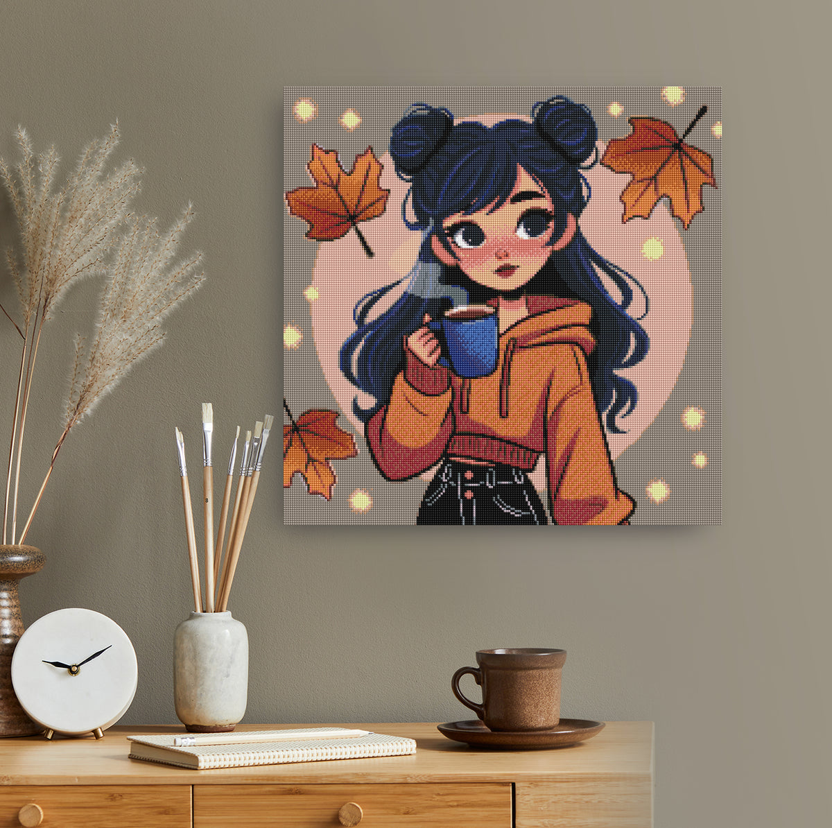 Diamond Painting Herbst Motiv mit Mädchen und Kaffee als gemütlicher Blickfang für dein Zuhause