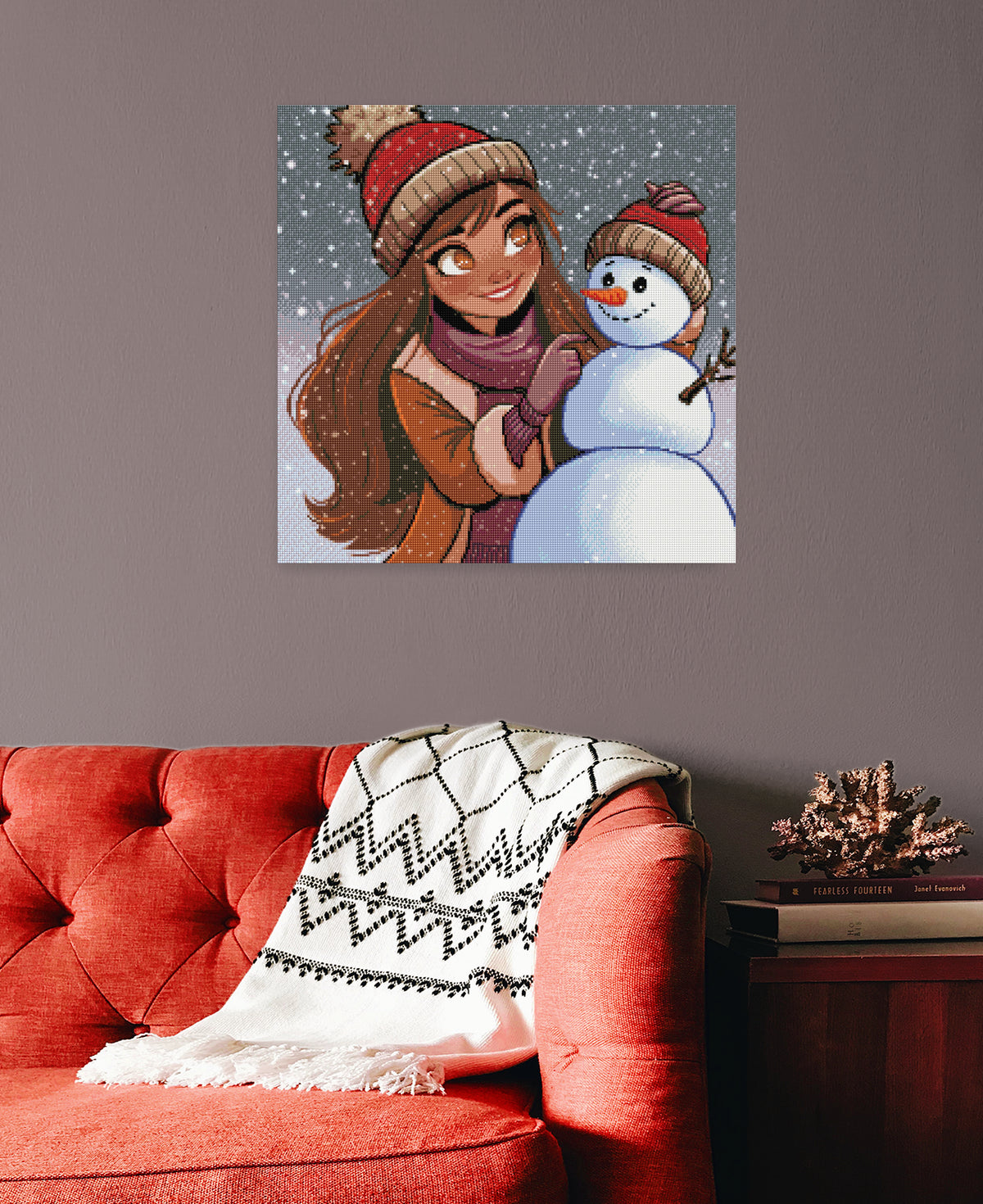Zauberhaftes Winter-Diamond-Painting mit Mädchen und Schneemann mit passenden Mützen und fallenden Schneeflocken als liebevolle Wanddekoration