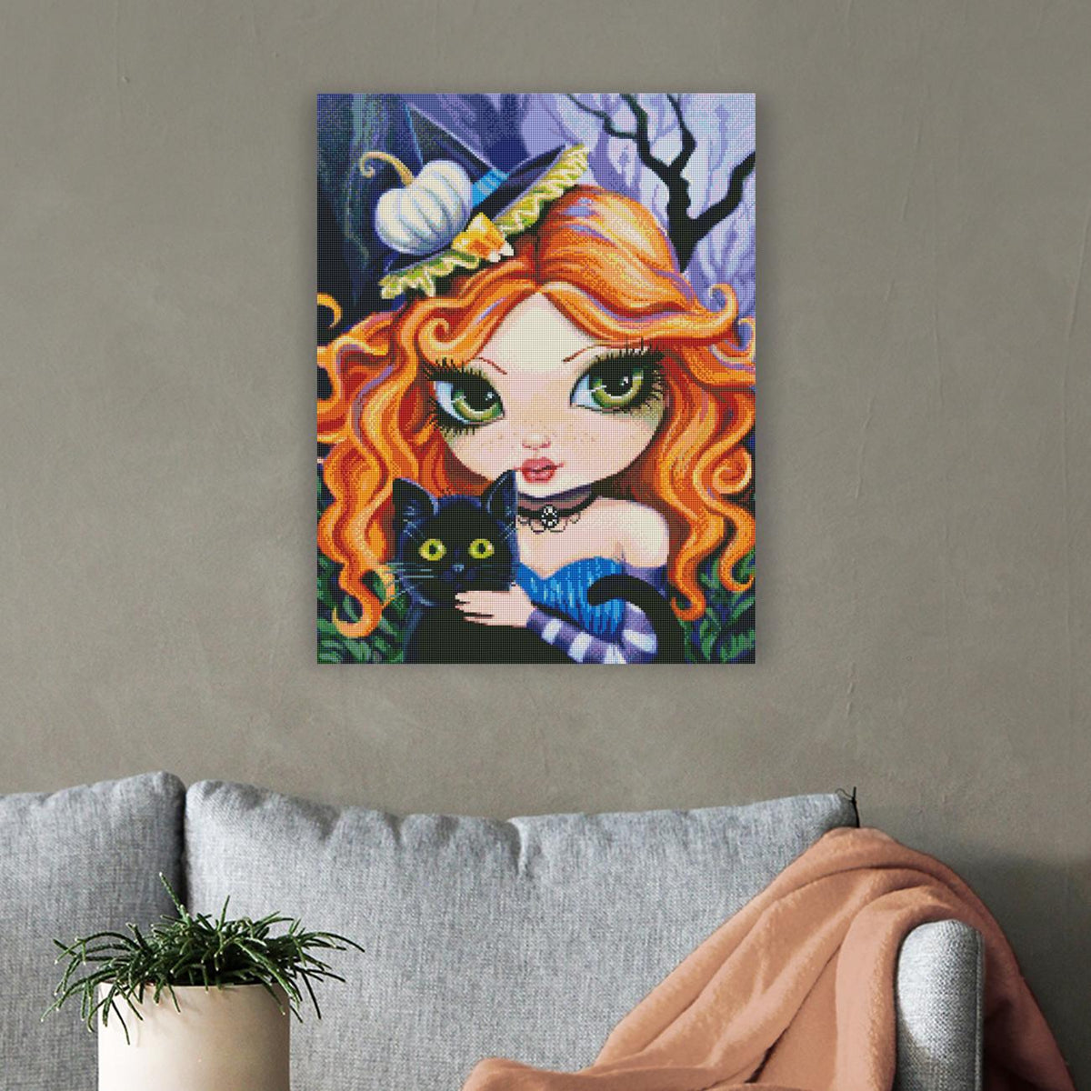 Stimmungsvolles Halloween Diamond Painting mit rothaariger Hexe und schwarzem Kater als magische Wanddekoration