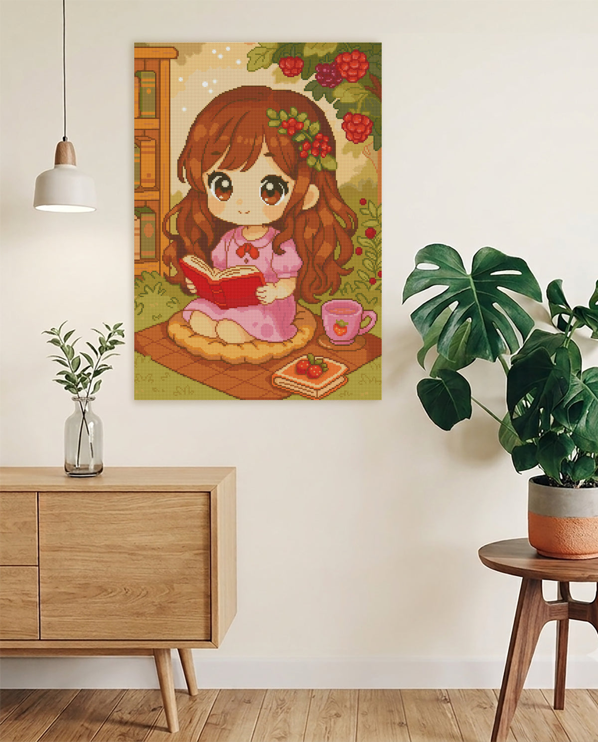Romantisches Diamond Painting mit lesendem Mädchen, Beeren und Erdbeertee als idyllische Wanddekoration für Bücherfans und Liebhaber gemütlicher Lesemomente