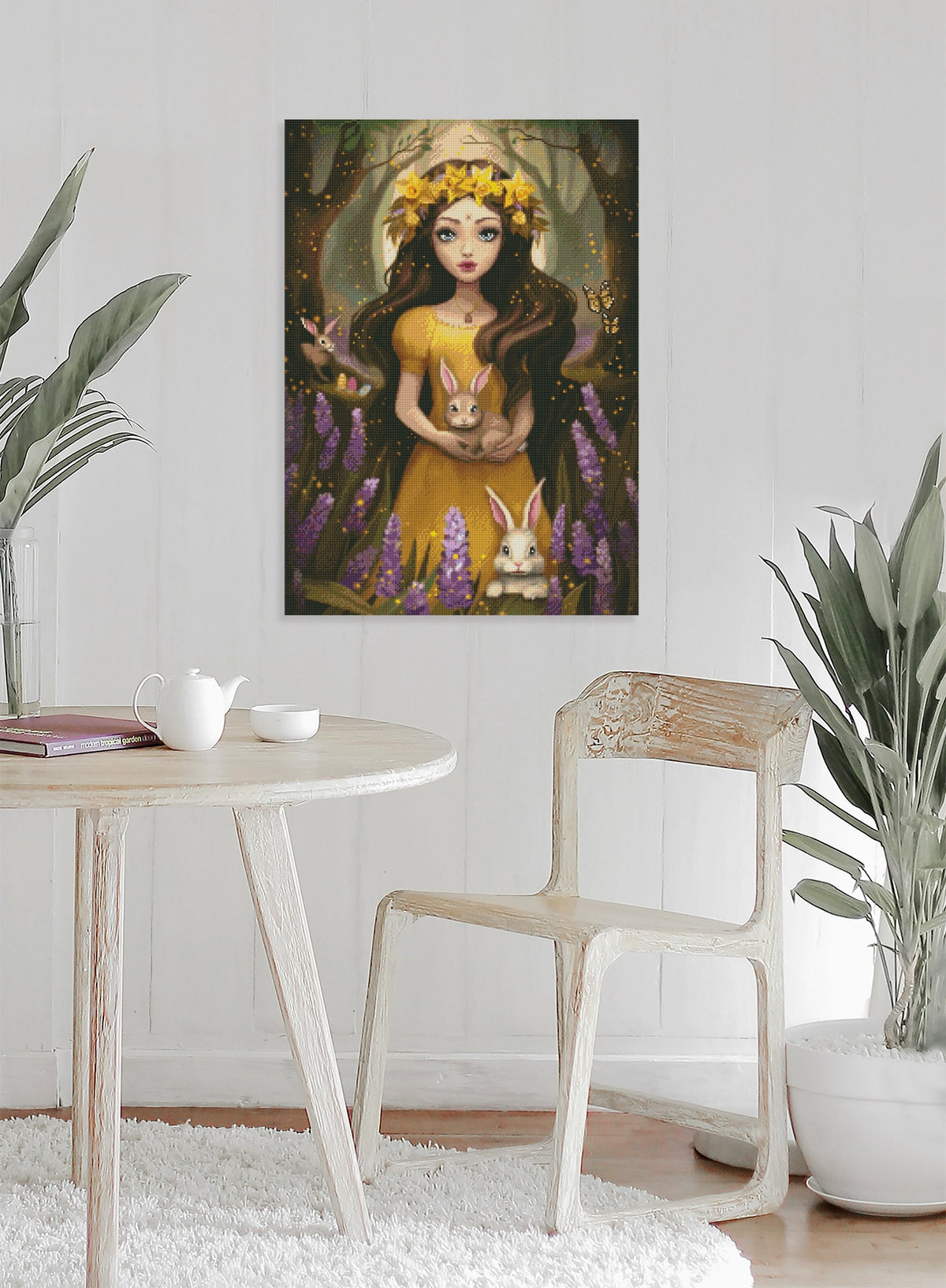 Frühlingshaftes Diamond Painting mit Mädchen, Narzissen und Hasen als zauberhafte Wanddekoration
