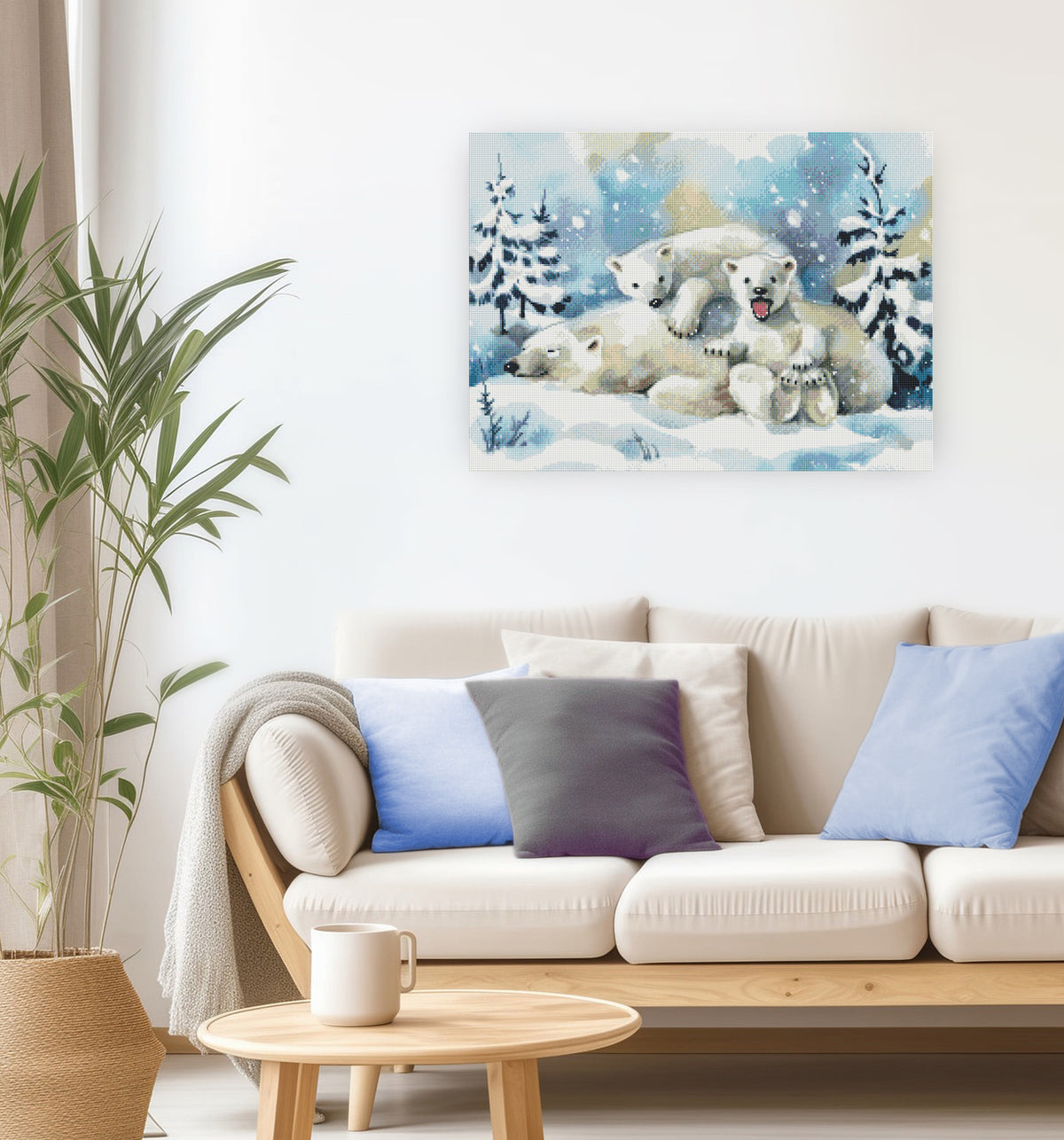 Liebevolles Diamond Painting mit Eisbärenfamilie im Schnee als winterliche Wanddekoration