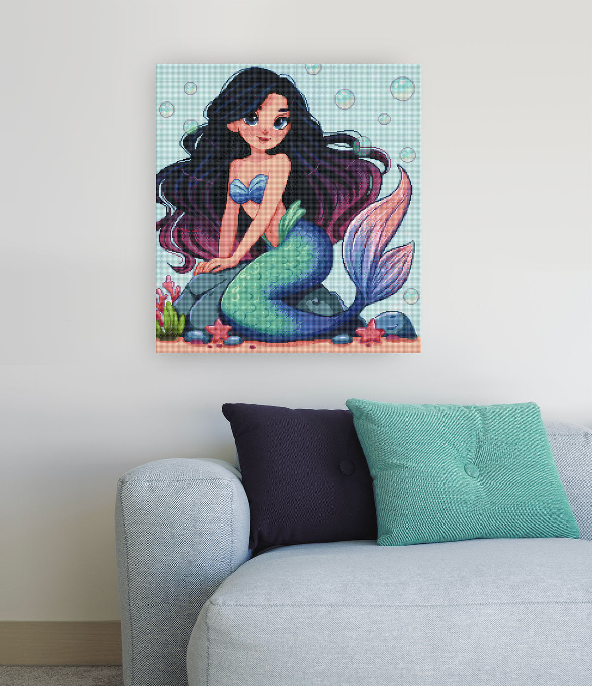 Diamond Painting Unterwasser Motiv mit süßer Meerjungfrau als dekorative Wandkunst