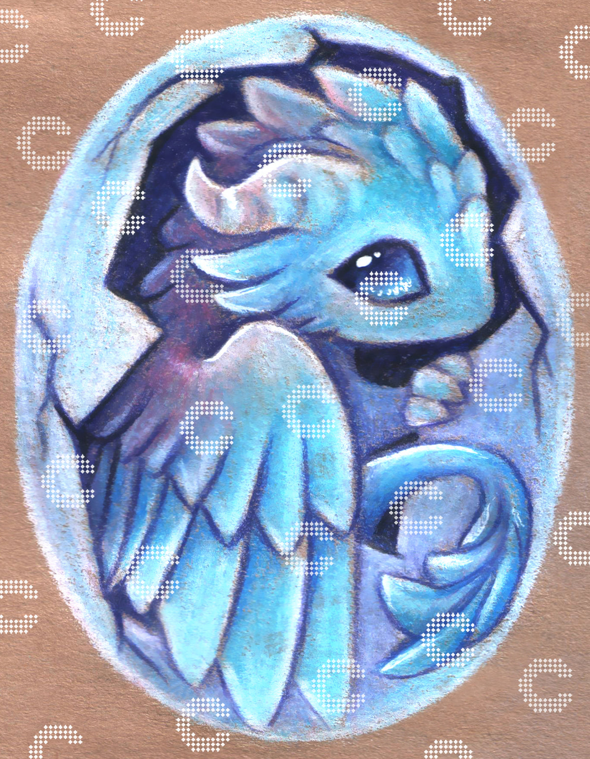 Diamond Painting Original-Kunstwerk mit einem kleinen hellblauen Drachen, der gerade aus einem hellblauen Ei schlüpft