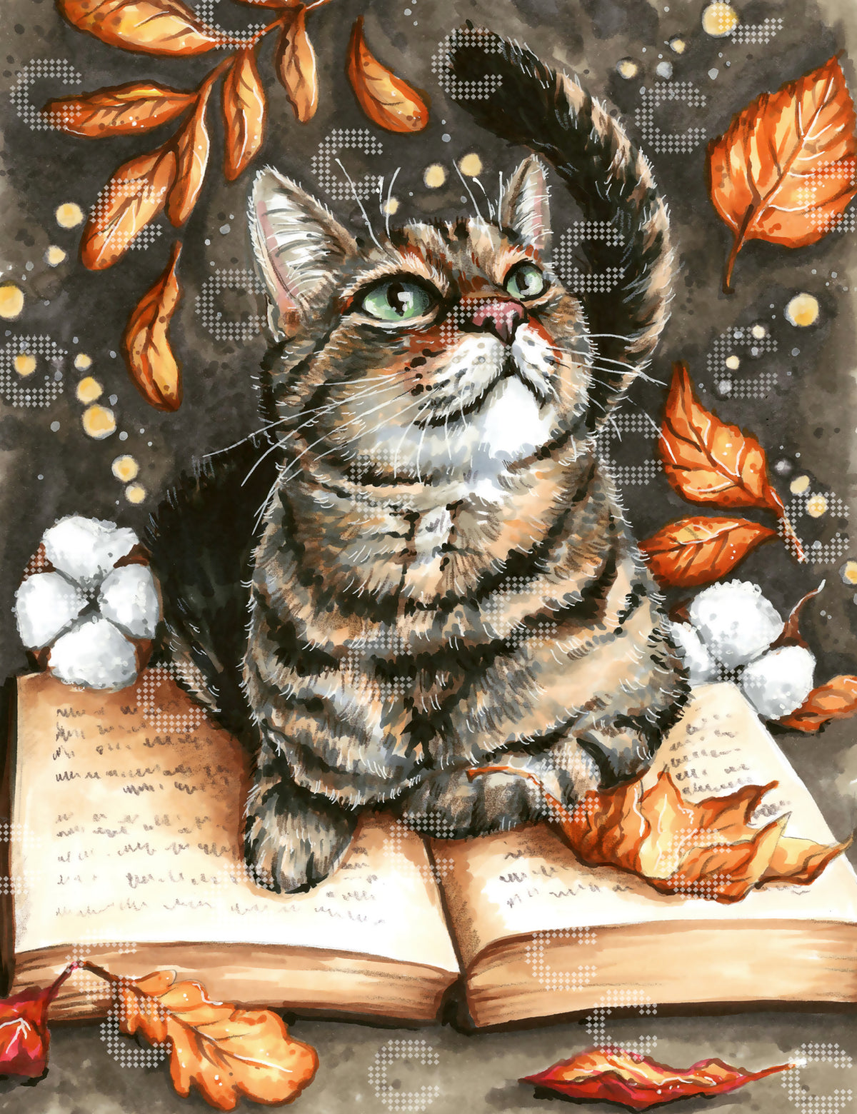 Diamond Painting Original-Kunstwerk einer Katze auf einem aufgeschlagenen Buch, umgeben von Laub in Herbstfarben als gemütliches Motiv