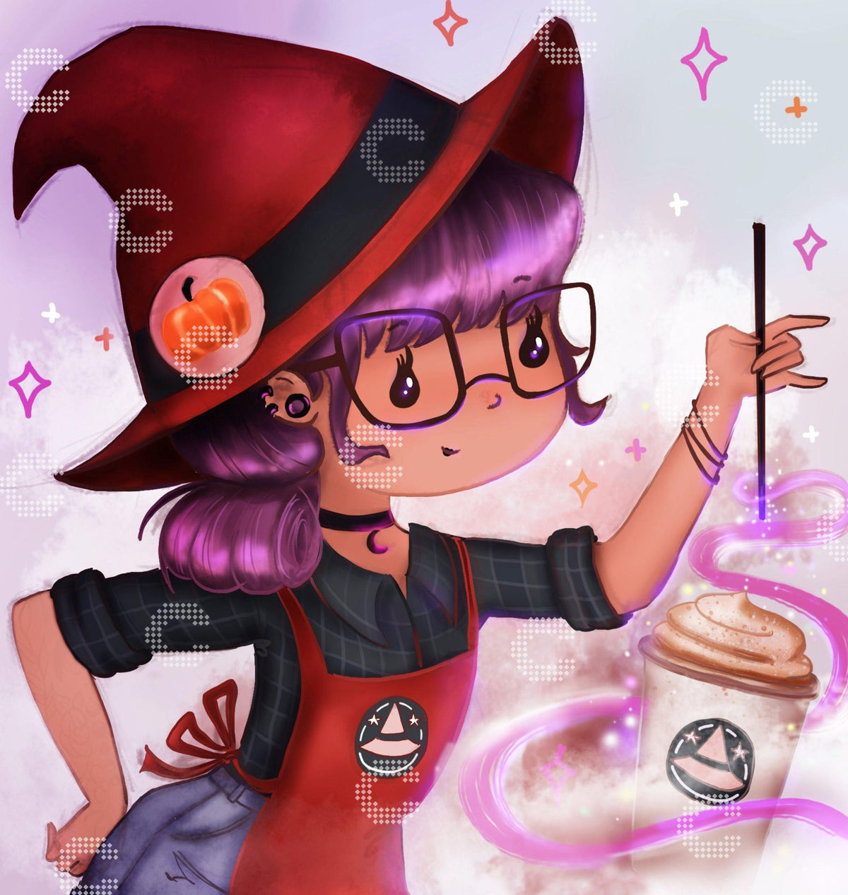 Diamond Painting niedliche Hexe mit Zauberhut und Barista Schürze, die mit ihrem Zauberstab Kaffee Spezialitäten zubereitet