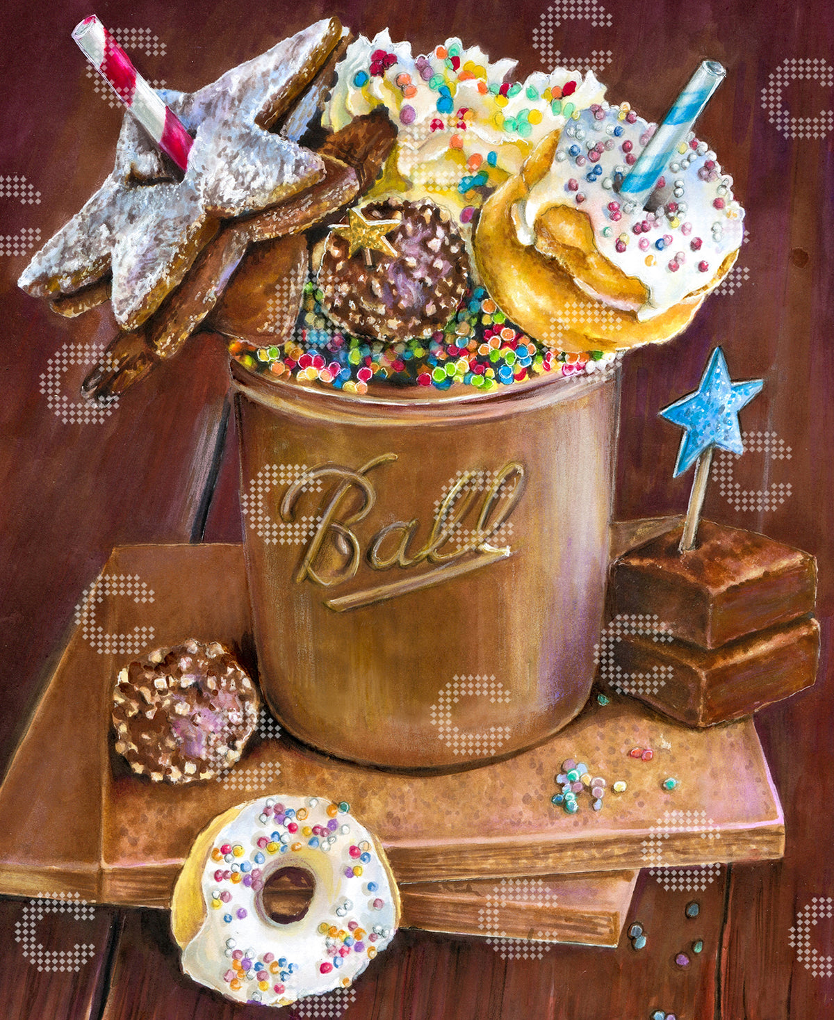 Diamond Painting heiße Schokolade mit Sahne, Donuts, Keksen, Pralinen und bunten Streuseln als gemütliches Wintermotiv