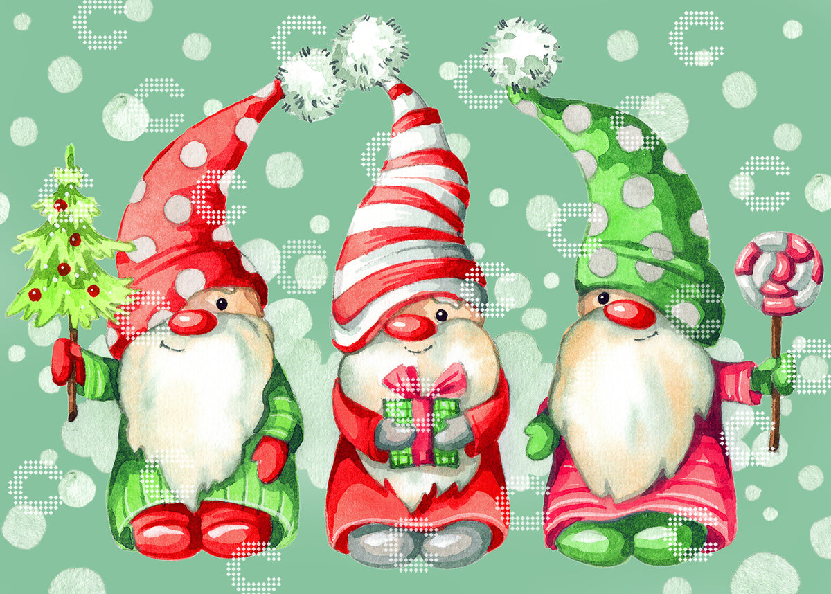 Diamond Painting mit drei süßen Weihnachtsgnomen in rot-weißen und grün-weißen gepunkteten und gestreiften Mützen, die einen kleinen geschmückten Weihnachtsbaum, ein Geschenk und einen großen Lolli am Stiel in den Händen halten
