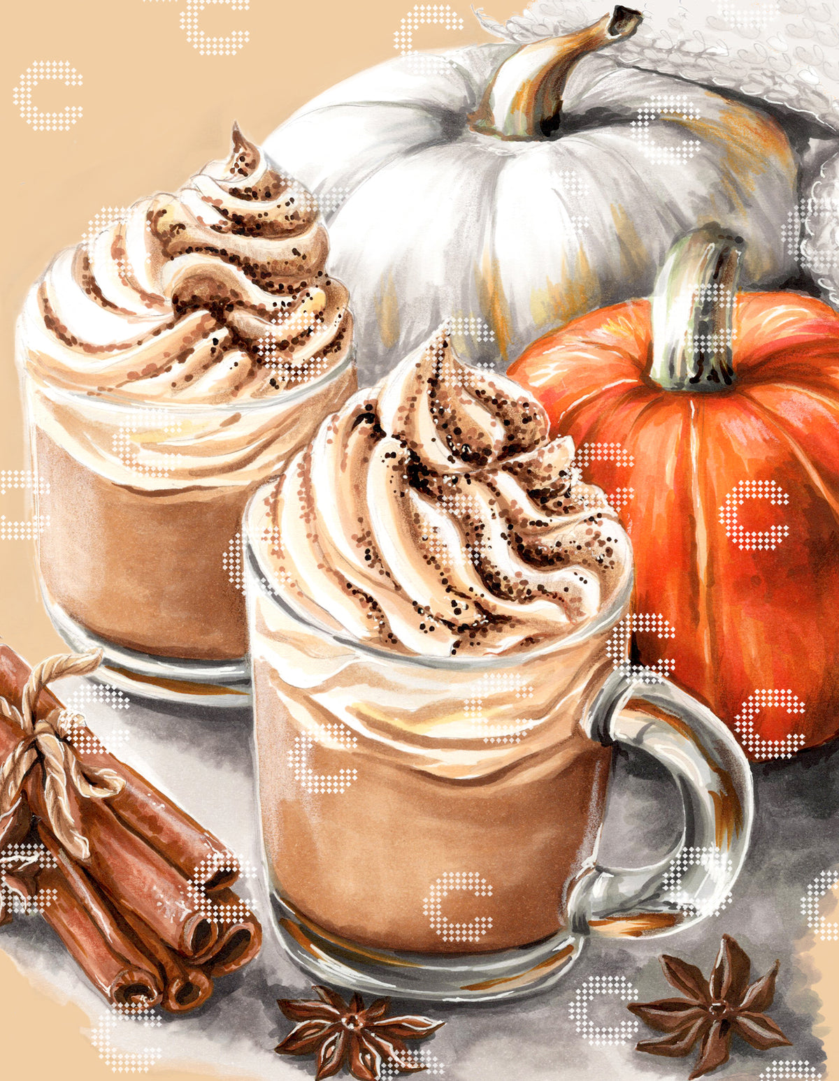 Diamond Painting Original-Kunstwerk mit Kürbis und Pumpkin Latte mit Sahnehauben, Zimtstangen und Anis-Sternen in warmen Herbstfarben