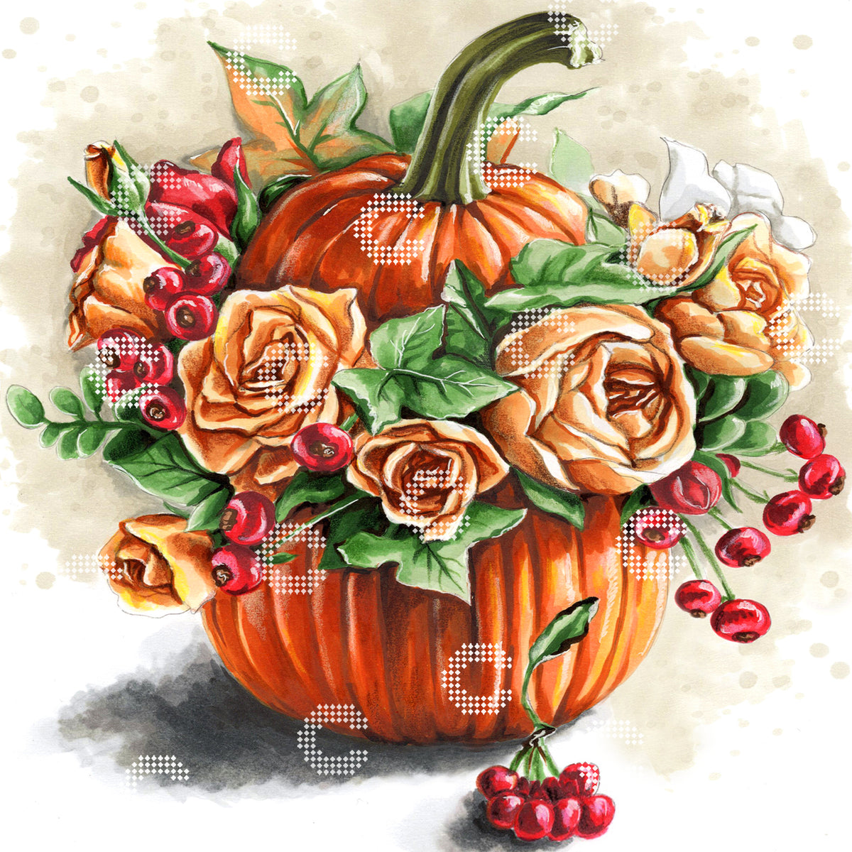 Diamond Painting Original-Kunstwerk eines Kürbis mit Blumen, Beeren und herbstlichem Design