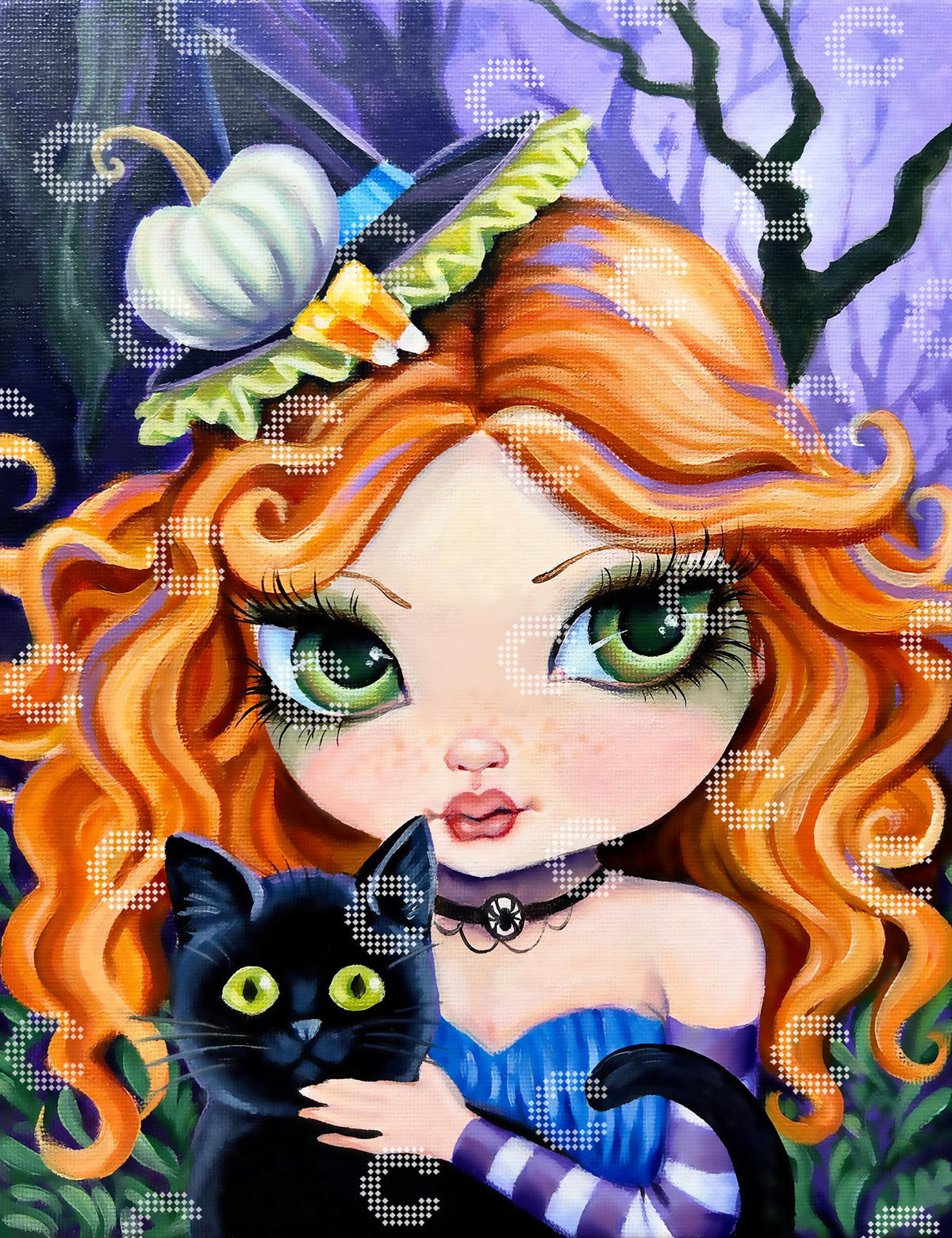 Diamond Painting niedliche Hexe mit flammend orangeroten Locken und leuchtend grünen Augen, kleinem Halloween-Hut und schwarzem Kater mit gelben Augen im Arm