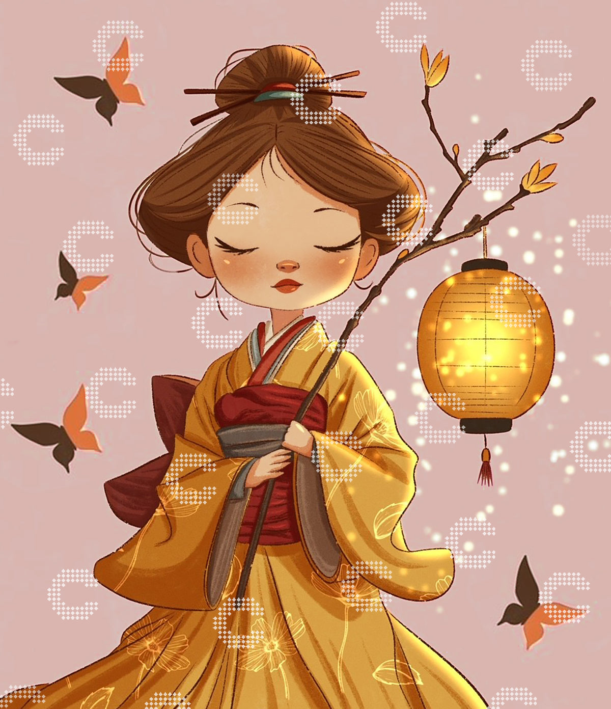 Diamond Painting Original-Motiv Mädchen im gelben Kimono mit Laterne in der Hand und von Schmetterlingen umgeben