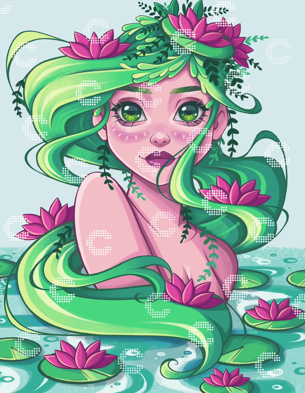 Diamond Painting Original-Bild mit grüner Meerjungfrau und pinken Blumen als Unterwasser Fantasy Motiv