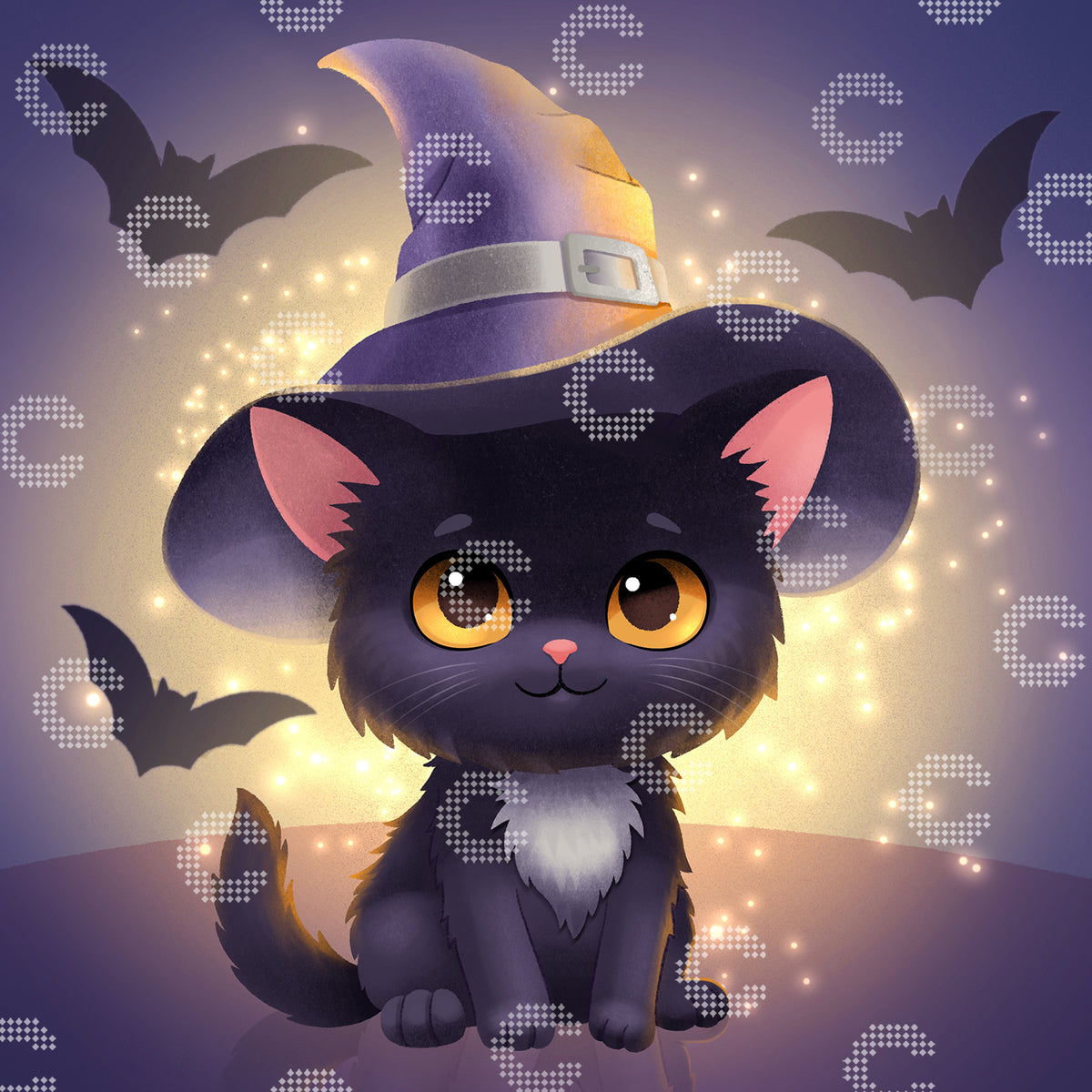 Diamond Painting Original-Bild einer schwarzen Halloween Katze mit Zauberhut, Fledermäusen und magischen Details