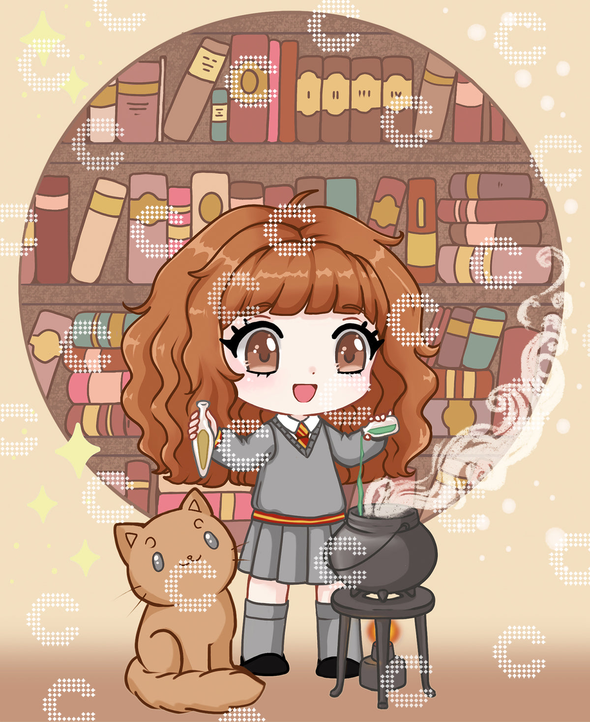 Diamond Painting Bild mit einer kleinen Hexenschülerin und ihrer Katze vor einem Bücherregal voller alter Bücher und Zauberbücher, mit einem dampfenden Zauberkessel und Zauberphiolen