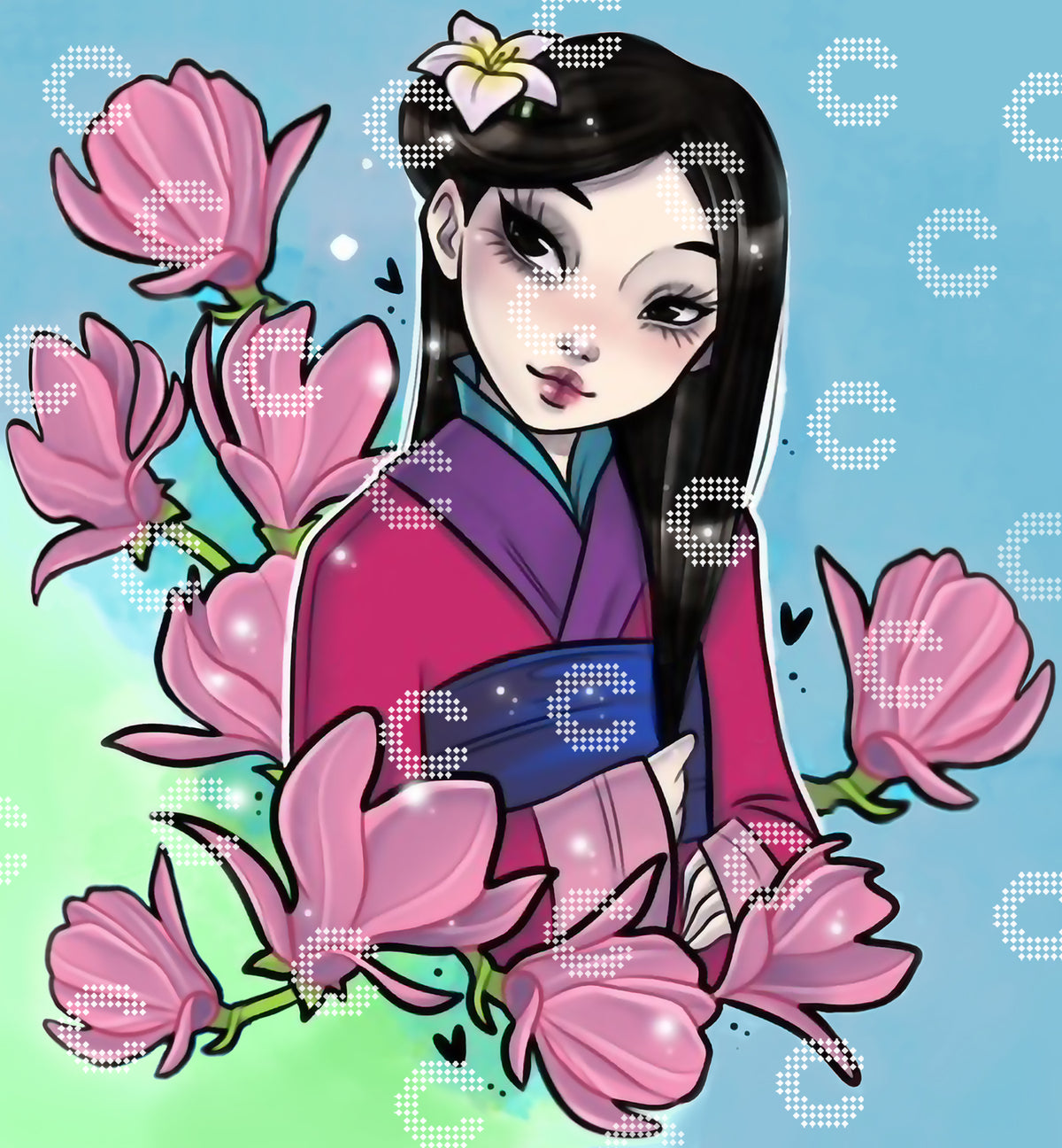 Diamond Painting Original-Motiv mit Mulan mit dunklen Haaren und dunklen Augen in einem Kimono, geschmückt mit einer Blüte im Haar und umgeben von Ästen mit zahlreichen rosafarbenen Magnolienblüten