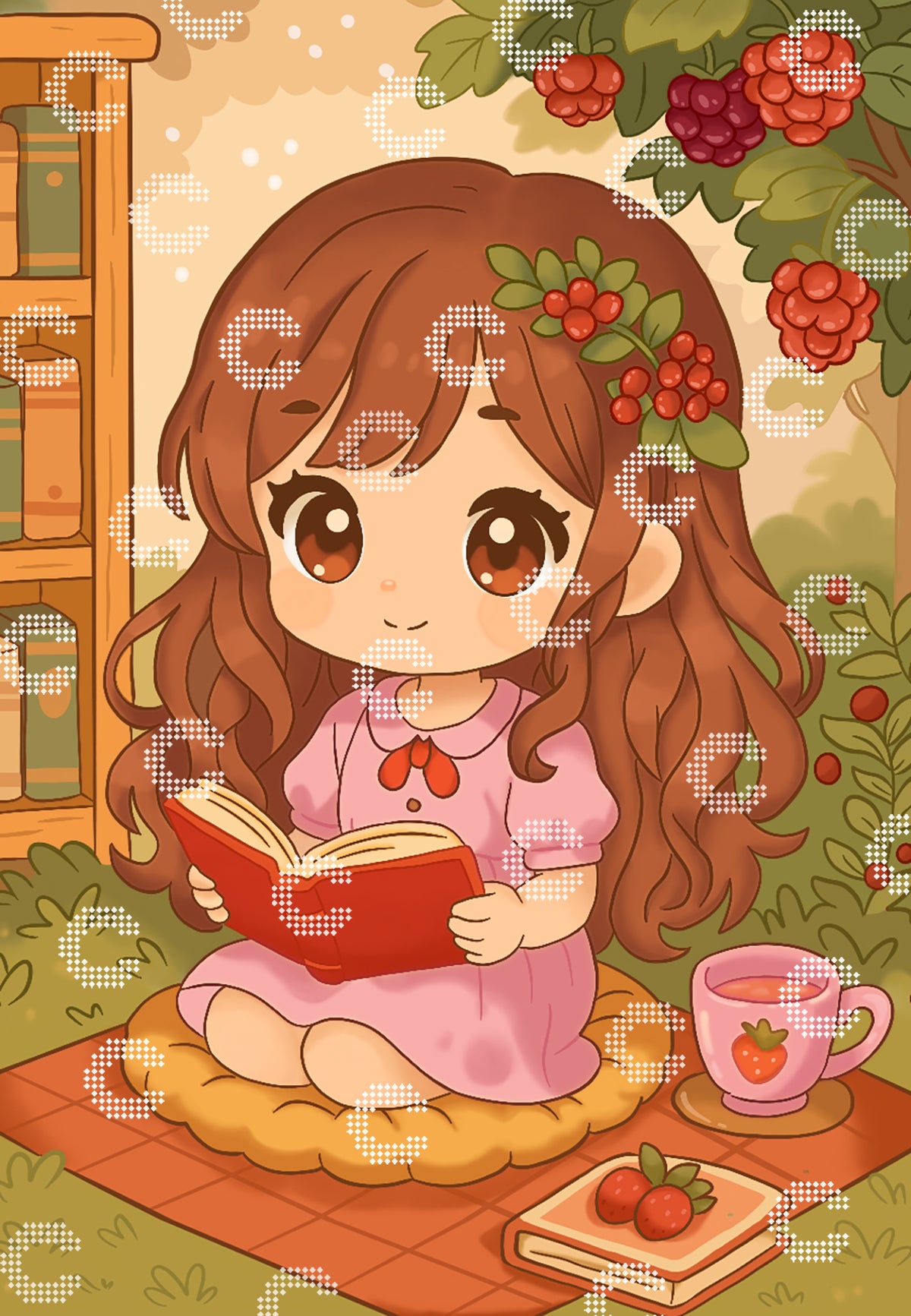 Diamond Painting Originalmotiv mit einem Mädchen im rosa Kleid, das auf einer Picknickdecke unter Beerenbüschen sitzt und in einem Buch liest, neben ihr eine Tasse Erdbeertee
