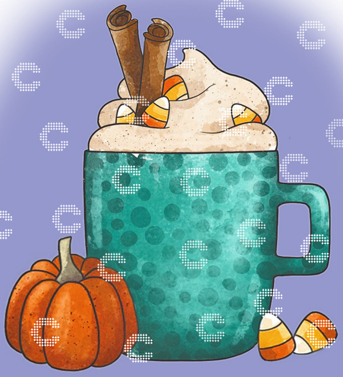 Diamond Painting Original-Motiv mit Pumpkin Latte in grüner Tasse, Kürbisen, Halloween Süßigkeiten und herbstlichen Details