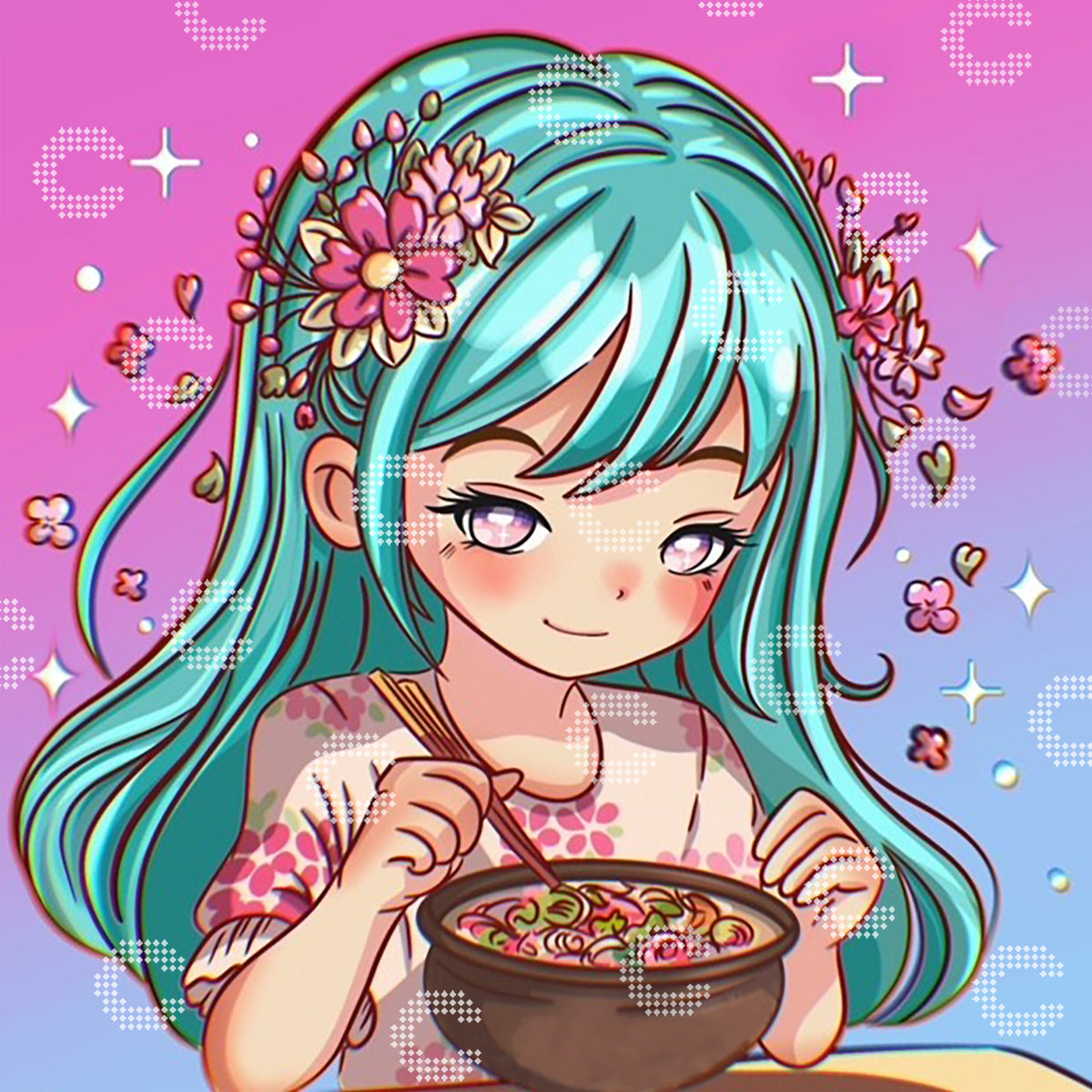 Diamond Painting Original-Bild Mädchen mit türkisen Haaren, Blumen und Asia Ramen-Schale mit Ess-Stäbchen