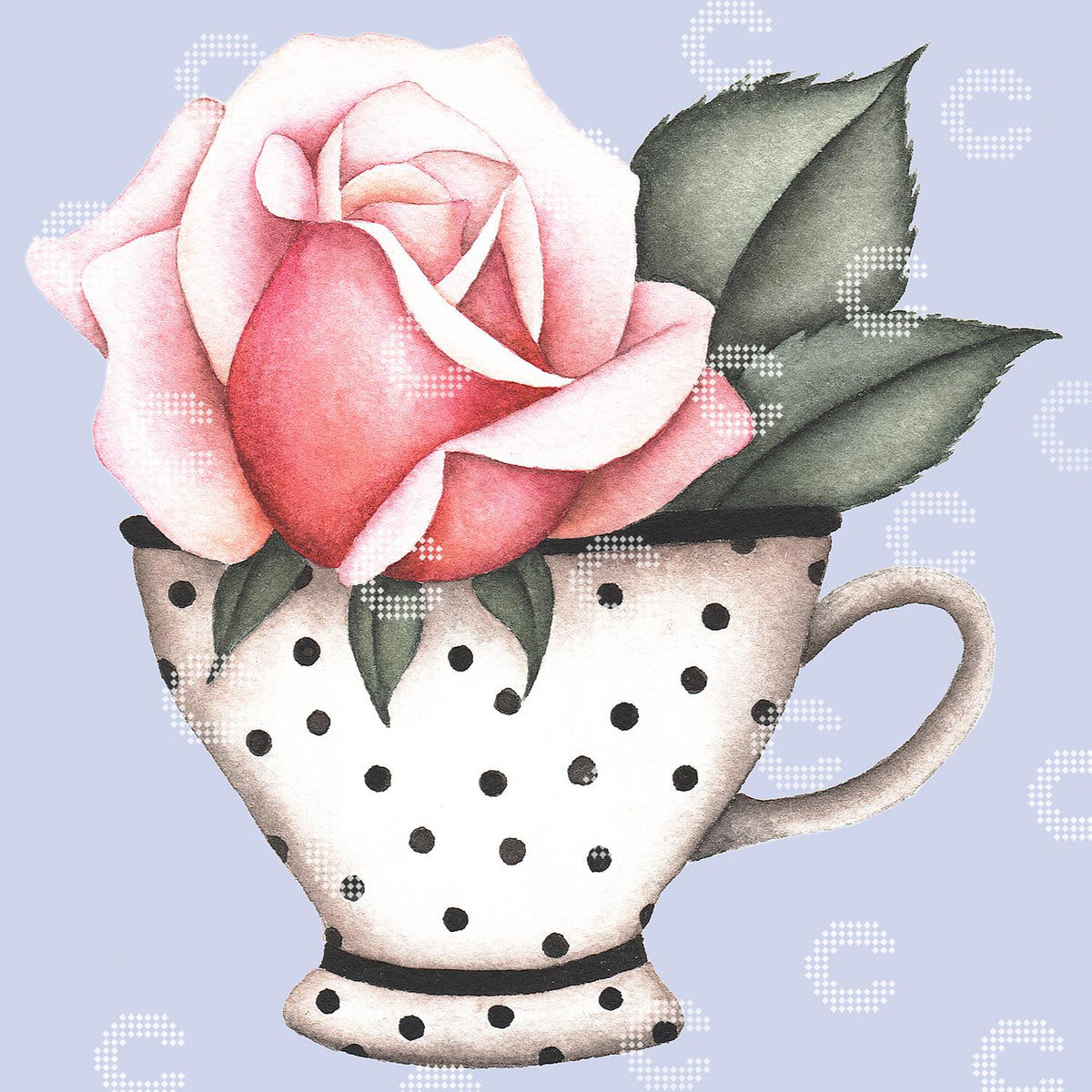 Diamond Painting zartrosa Rose in einer gepunkteten Porzellantasse als romantisches Blumenmotiv