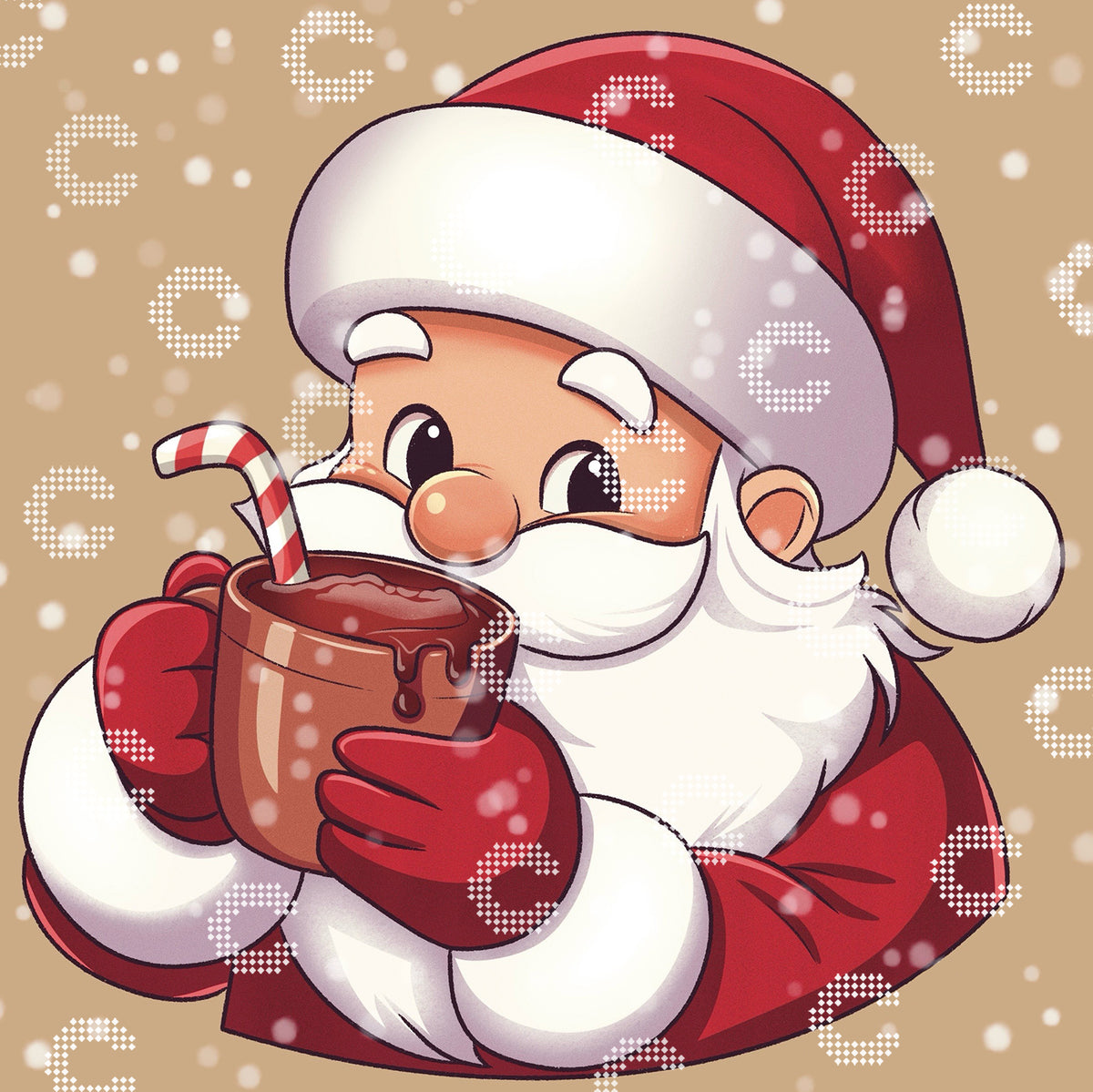 Diamond Painting Original-Motiv mit einem niedlichen Weihnachtsmann, der gerade einen Schluck aus einer Tasse heißer Schokolade mit Zuckerstange trinkt, umgeben von Schneeflocken
