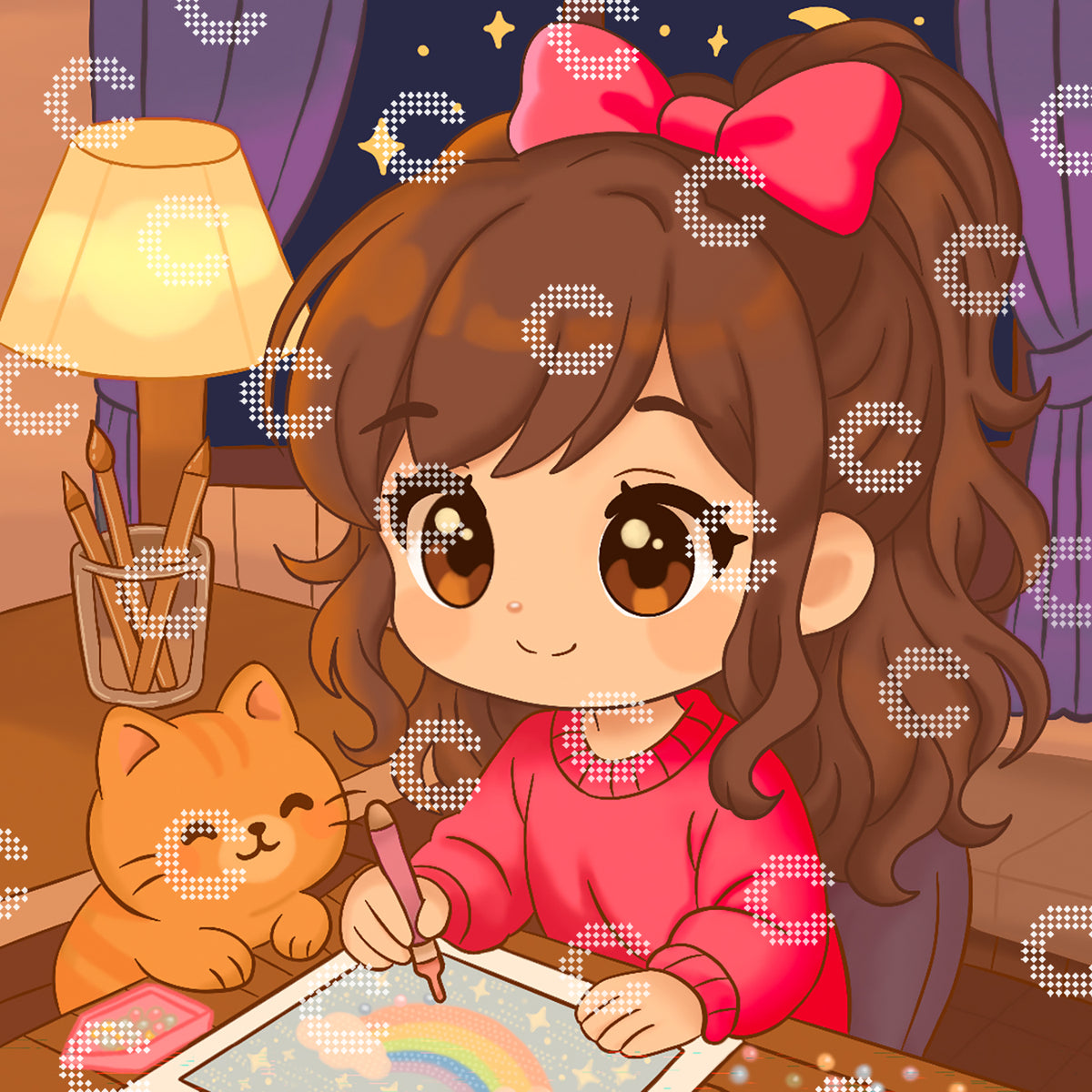 Diamond Painting Original-Kunstwerk mit einem dunkelhaarigen Mädchen mit rotem Pulli und roter Schleife im Haar, das gemeinsam mit ihrer Katze in ihrem gemütlichen Wohnzimmer Diamond Painting macht