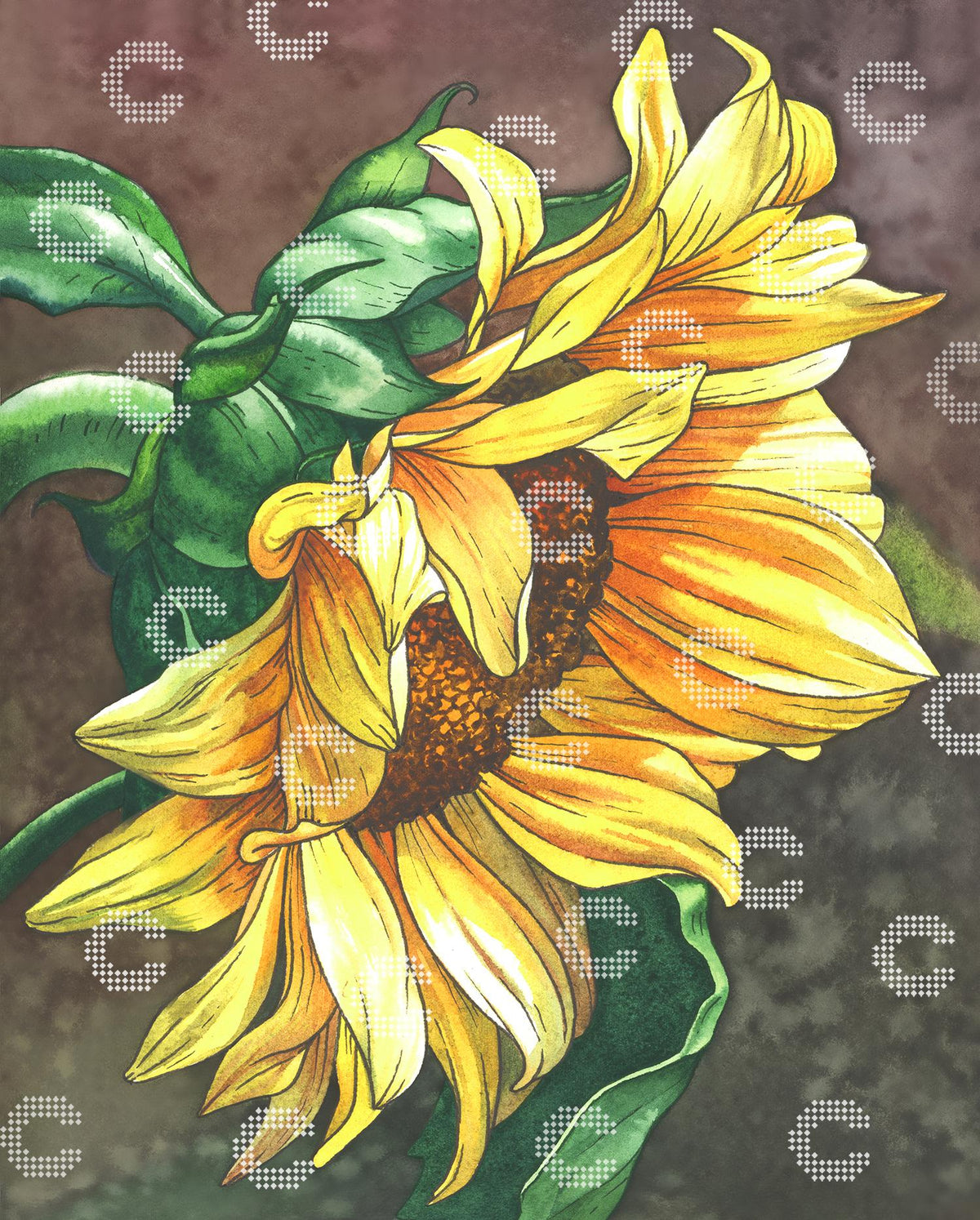 Diamond Painting leuchtende Sonnenblume mit goldgelben Blütenblättern und dunklem Blütenkern zwischen grünen Blättern im Morgenlicht