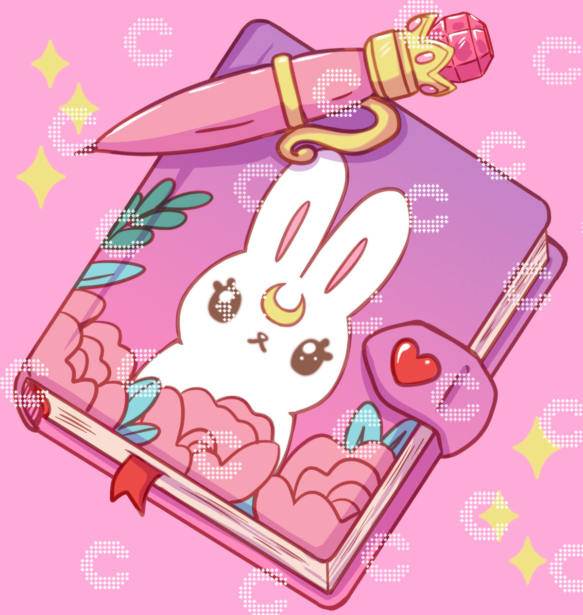 Diamond Painting Original-Kunstwerk mit Kawaii Notizbuch, Hase und Stift mit niedlichem Anime Motiv