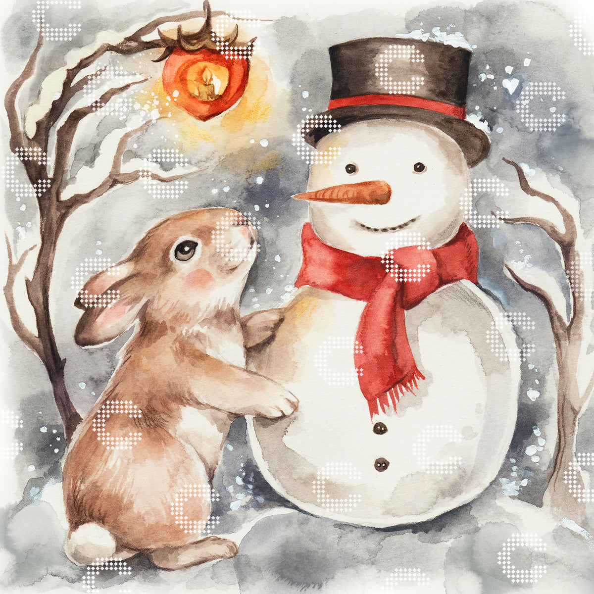 Diamond Painting Original-Kunstwerk mit einem kleinen Hasen und einem Schneemann mit Zylinder und Schal, die unter einer Laterne an einem Ast in einer stimmungsvollen Winternacht stehen