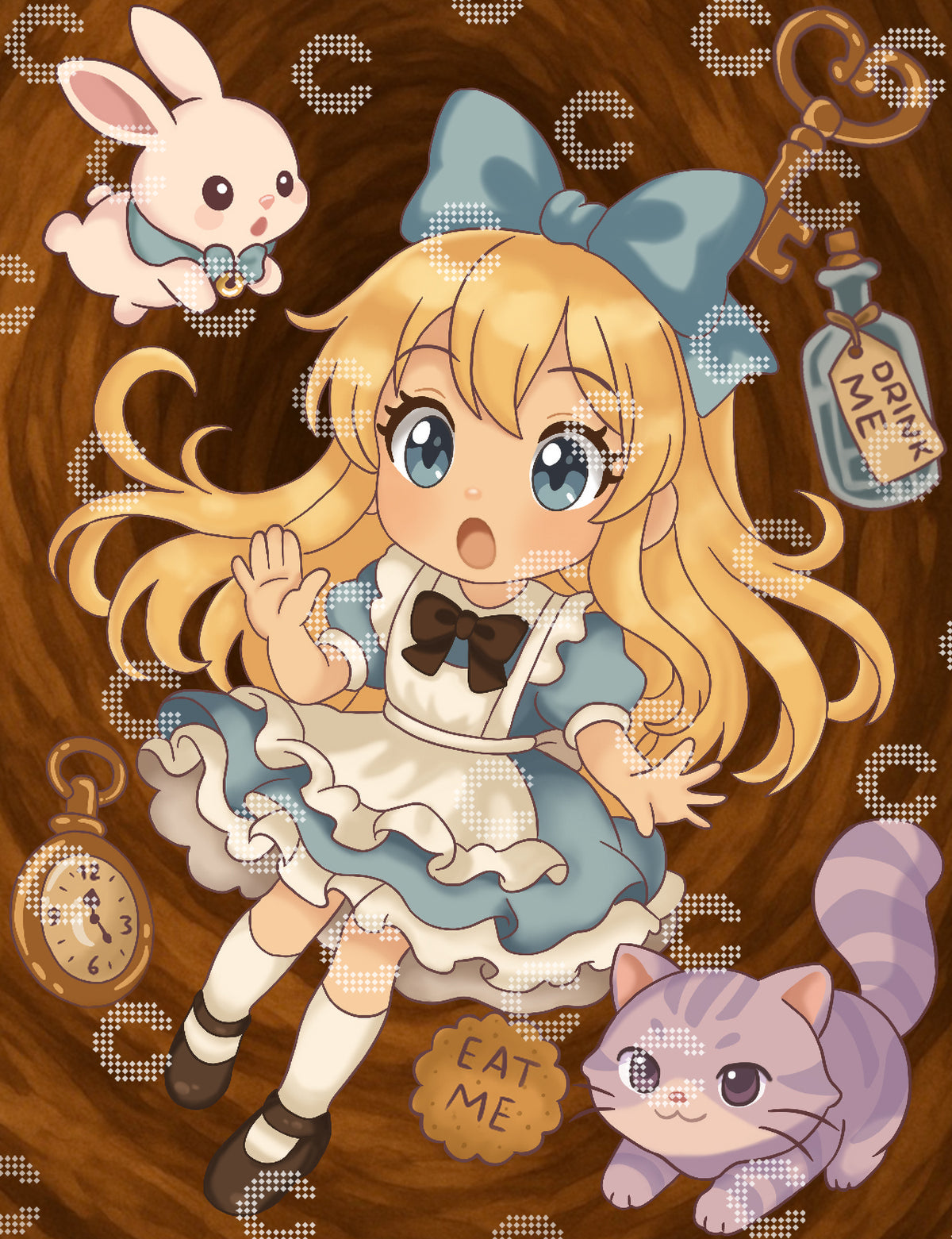Diamond Painting Original-Kunstwerk mit der kleinen Alice aus dem Wunderland, die gerade in den Kaninchenbau fällt, umgeben vom weißen Hasen, der Grinsekatze, einem „Drink Me“-Fläschchen, einem „Eat Me“-Keks und einer Taschenuhr