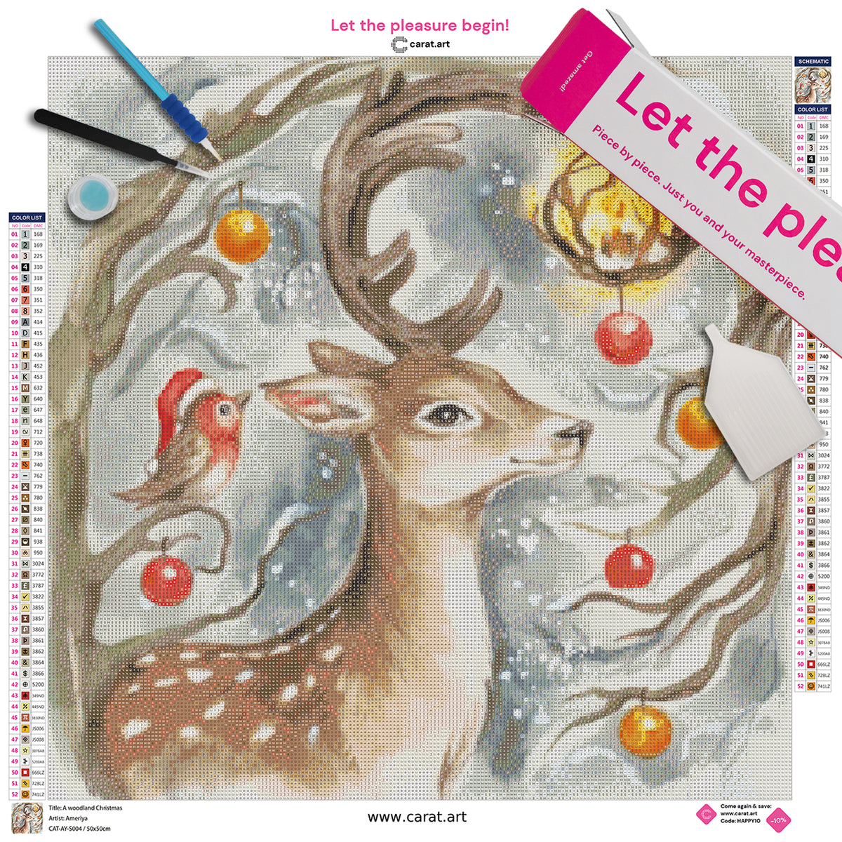 Diamond Painting Set mit Hirsch, Rotkehlchen mit Weihnachtsmannmütze, leuchtender Kerze und verschneiten, festlich geschmückten Zweigen inklusive Leinwand, ciratart.com Karton und hochwertigem Zubehör