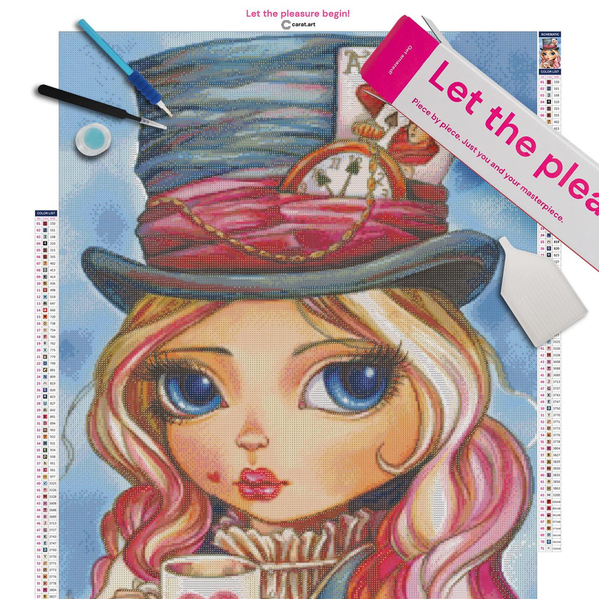 Diamond Painting Set mit Alice, Herztasse, Spielkarten und Taschenuhr inklusive Leinwand, ciratart.com Karton und hochwertigem Zubehör